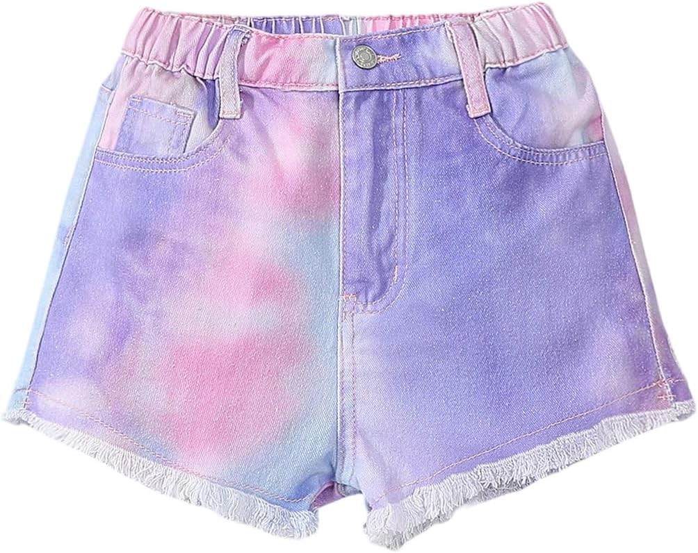 Floerns Girl's Purple Pink Tie Dye Raw Trim Jean Shorts Y2K Elastic High Waisted Straight Leg Summer Denim Shorts