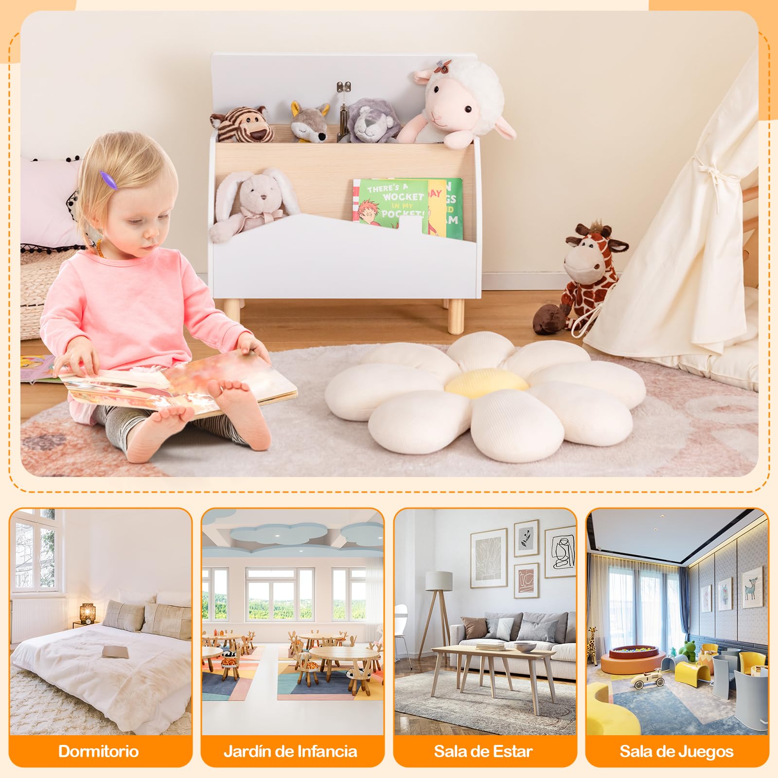 COSTWAY Estantería de Juguetes con Almacenamioneto, Baúl de Juguetes de Madera con Estante Expositor, Librería Infantil con Bisagra de Seguridad, Caja de Juguetes para Niñas y Niños (Blanco)