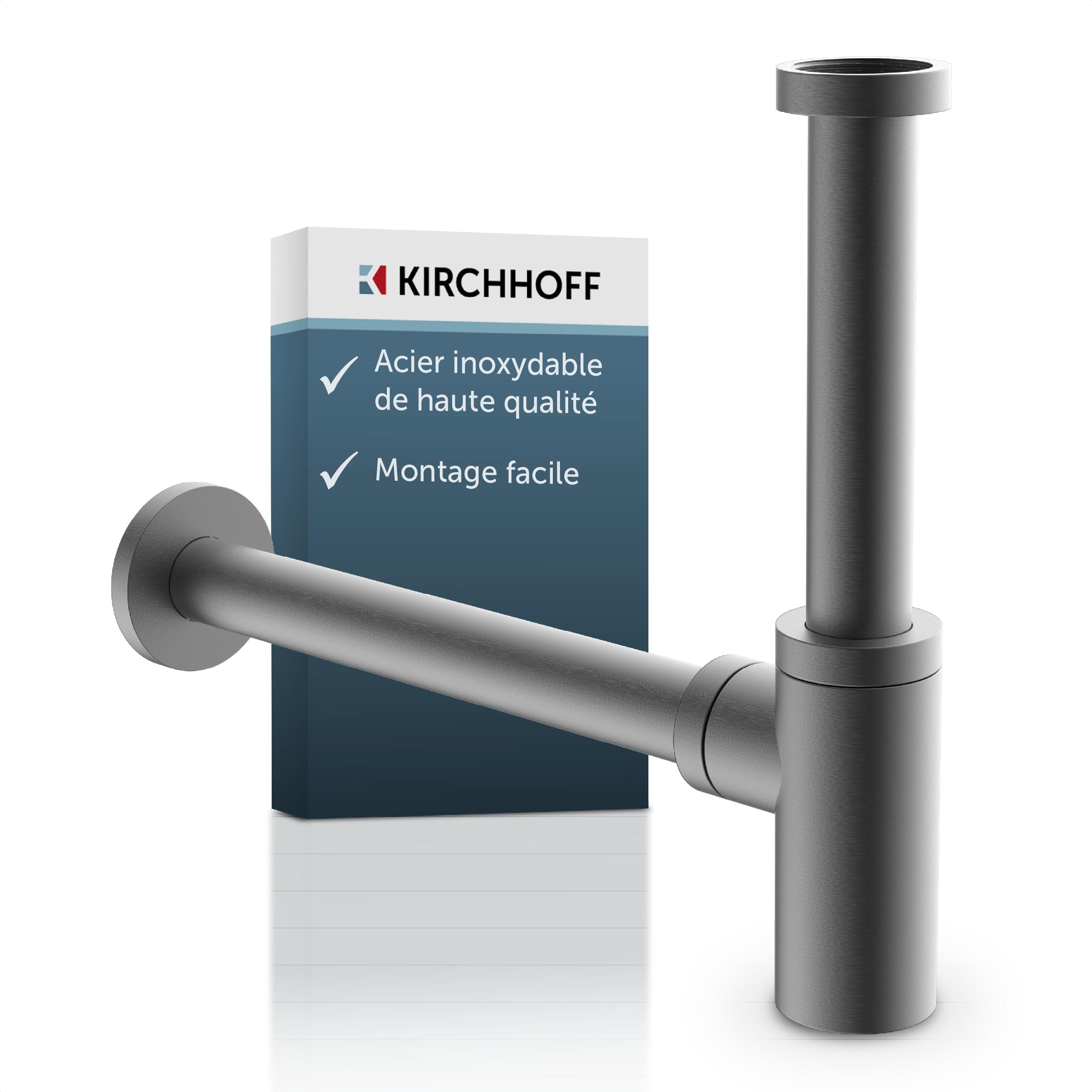 Kirchhoff Bonde de Lavabo Universelle Graphite Mat, Siphon | Laiton massif enduit, raccord 11⁄4", kit avec rosace murale, joint bonde et bouchon lavabo universel, ouverture de nettoyage