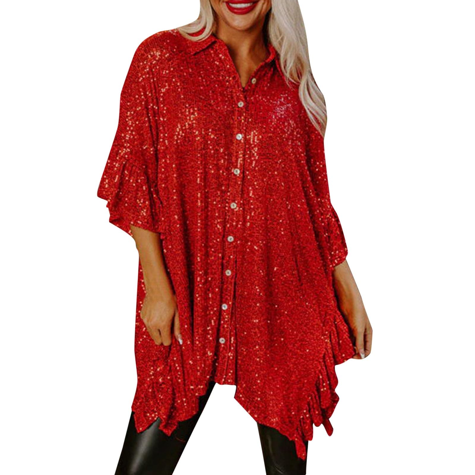 Hauts Paillettes Femme Soirée Tunique Brillante Sequins Tee Shirt À Manches Maille Chemisier Chic Et Élégant Haut A Blouse Grande Taille Classique Vêtements