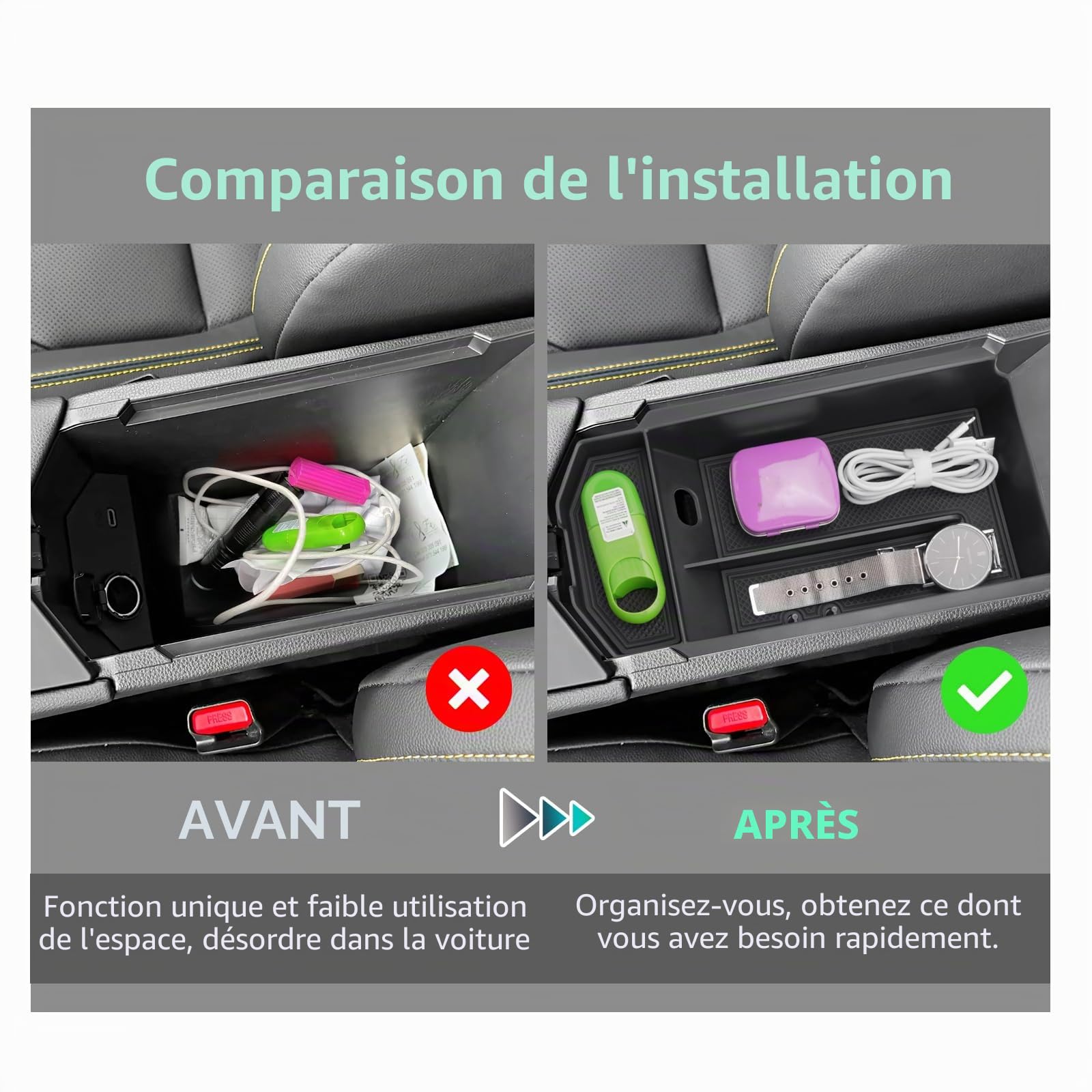 GAFAT Compatible avec Toyota C-HR 2024 2025 2026 Hybrid PHEV (Essence) Boîte de Rangement Console Centrale, CHR II 2027 Accessoires Organisateur Accoudoir Plateau, Scanner 3D Original, avec Tapis