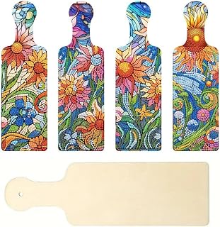 ARTopet 4Pcs DIY Diamond Handheld Serving Tray Diamond Art Painting Creative Design Wooden Panel Tray with Handle Dinner Plate Breakfast Tray for Living Room Home Organizer-Flowers02