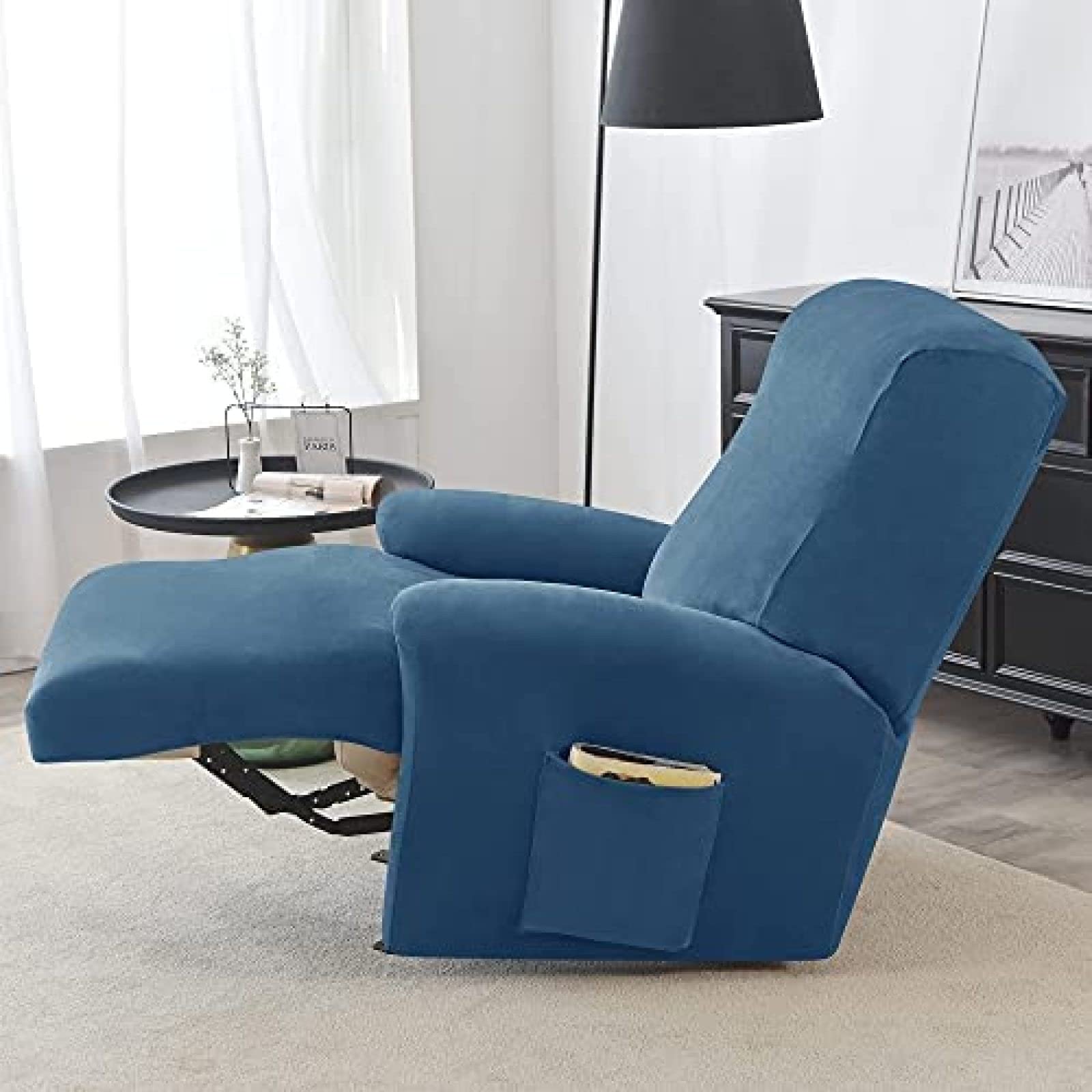 Velvet Recliner Sofa Slipcover, 4-Piece Stretch Recliner Chair Cover Plush Sofa Cover For Electric Recliner Cover Pet Dog Cat Funiture Protector For Reclining Chairs With Side Pocket,Navy,Construc