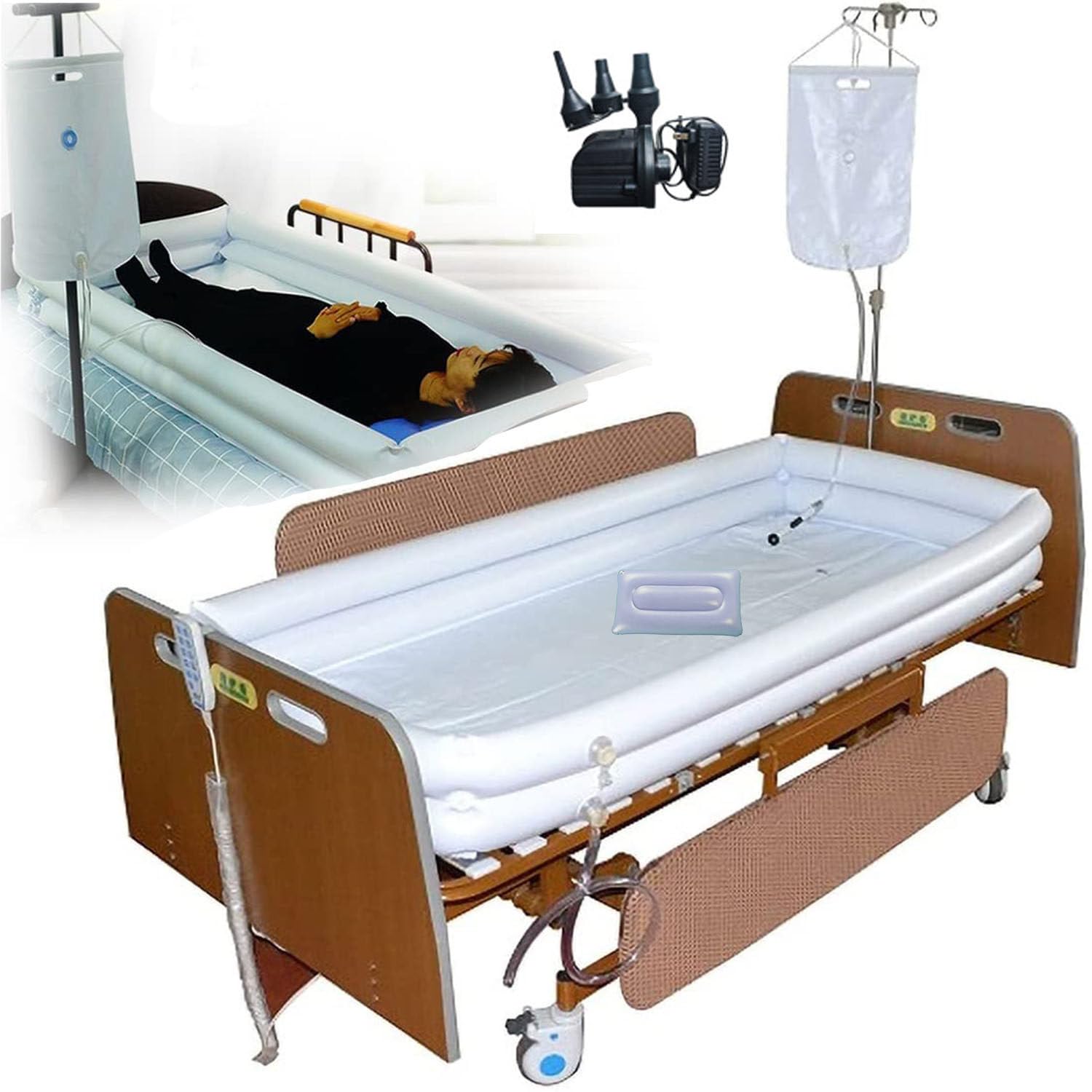 Sistema de bañera de ducha inflable para personas mayores, ayuda de baño inflable médica portátil de PVC para adultos, kit de bañera para personas discapacitadas postradas en cama con inflador + bols