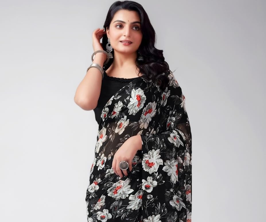 SIRIL Women's Georgette Floral Printed Saree With Unstitched Blouse Piece