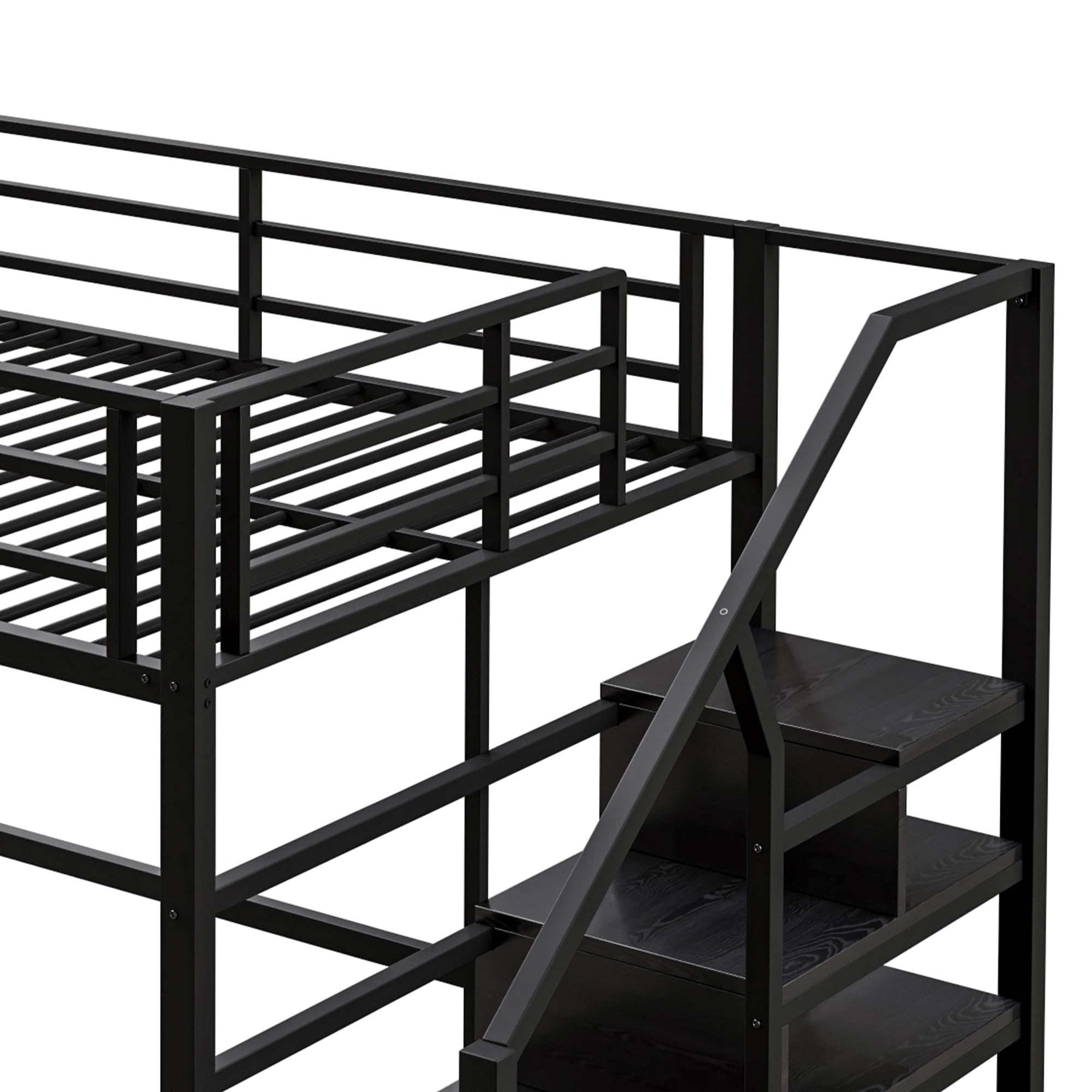 SACOOL Letto a soppalco, 140 x 200 cm, ripiano per riporre spazio sotto il letto, per il rivestimento, ringhiera senza materasso, colore nero