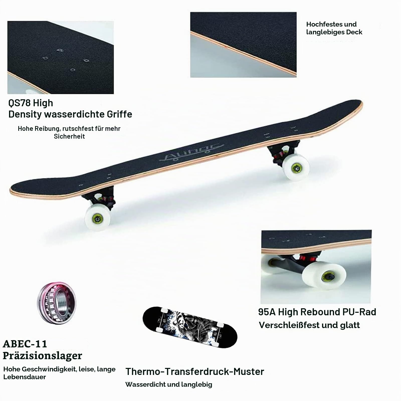 31-Zoll-Standard-Skateboard, 7 Lagen Ahorn-Board-Oberfläche, geeignet für Kinder, Jugendliche, Erwachsene, Anfänger und Profis, mit Einer maximalen Belastung von 150 kg