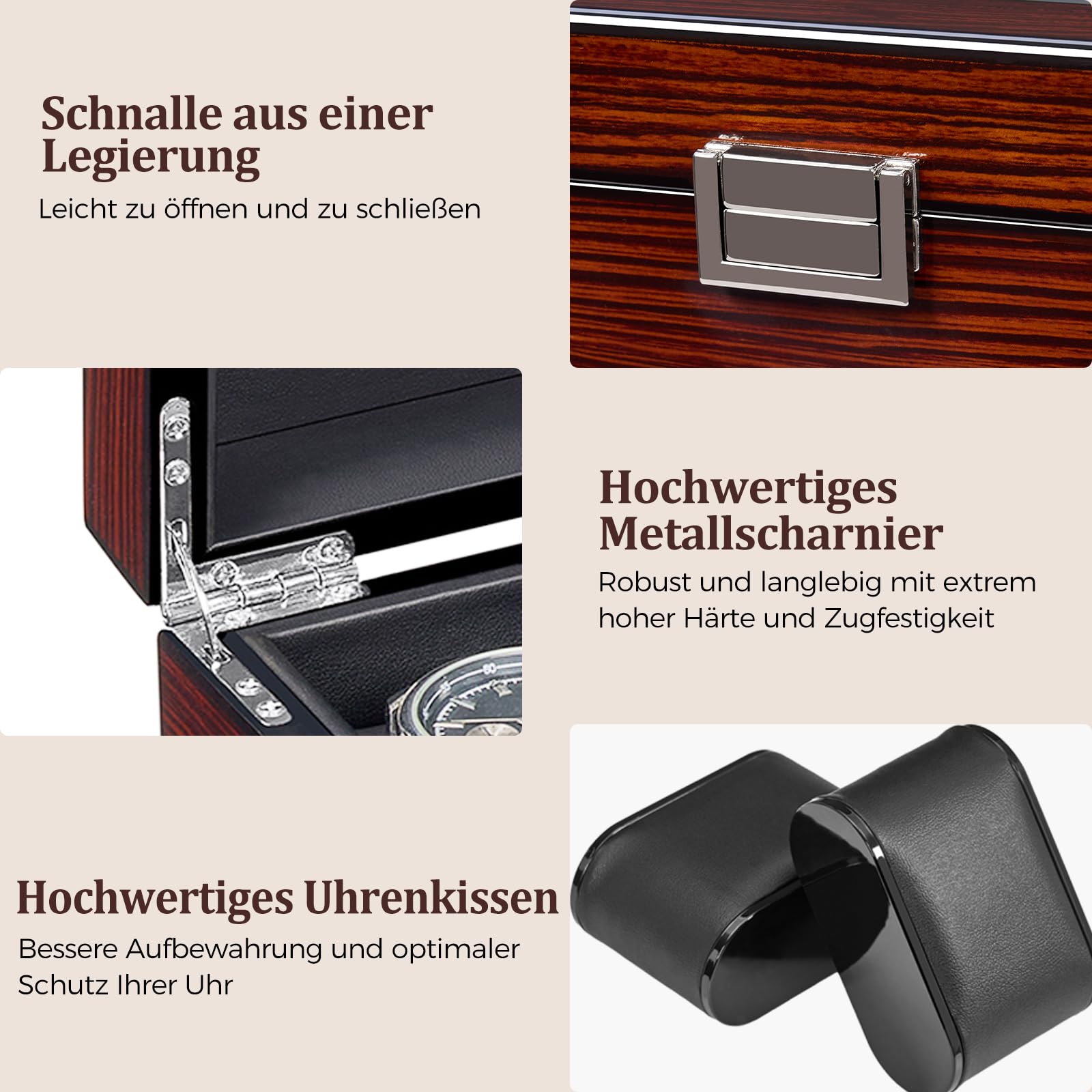 BEWISHOME Uhrenbox 6 uhren aus Holz für Herren – Luxus Uhrenbox Herren, Echtglas-Oberseite, glattes Kunstleder innen, Uhrenaufbewahrung, Braun ESSH06Y