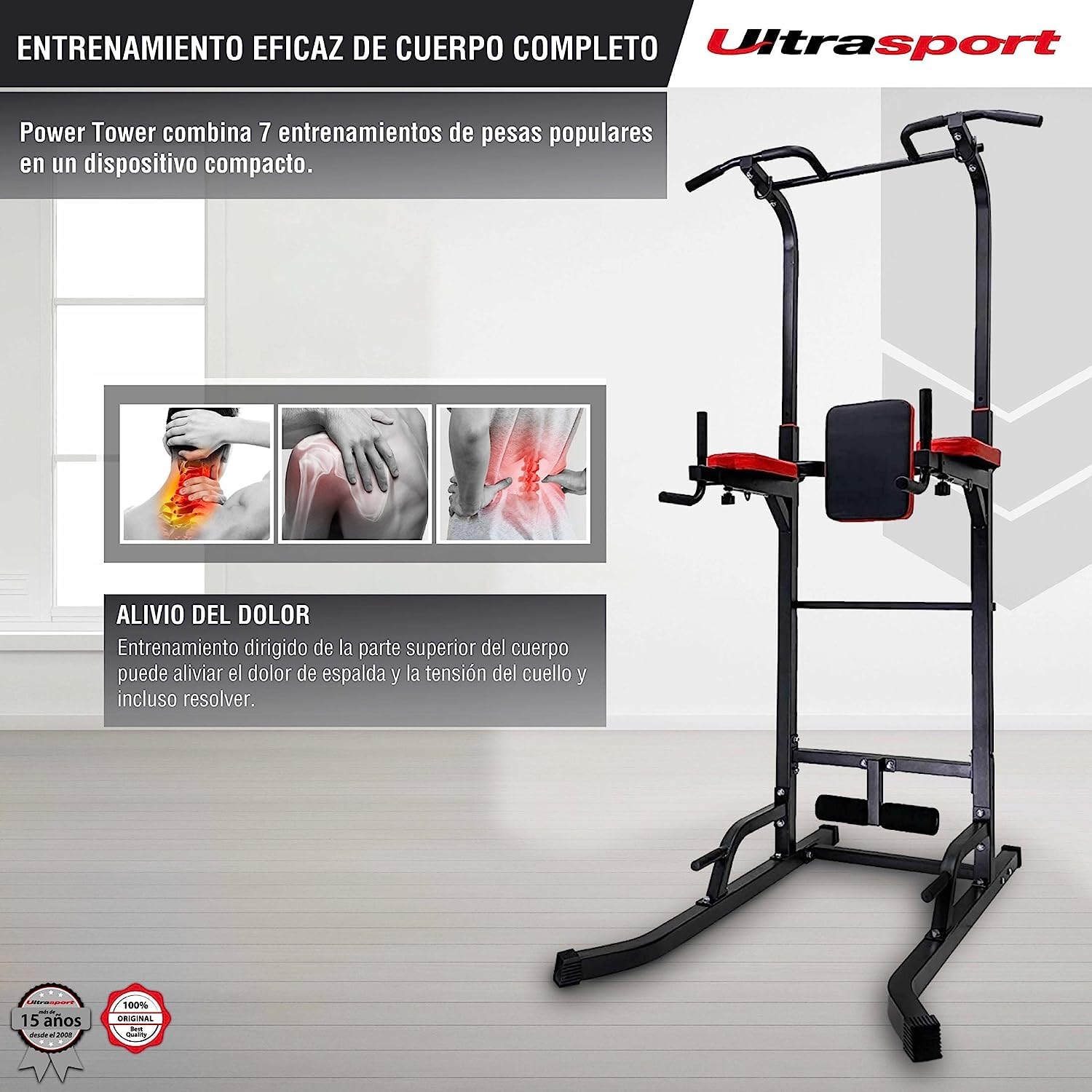 Ultrasport Power Tower, estación de flexiones, estación de inmersión, torre de fitness, altura ajustable, gimnasio en casa, torre de fuerza, ajustable hasta 150 kg de peso del usuario