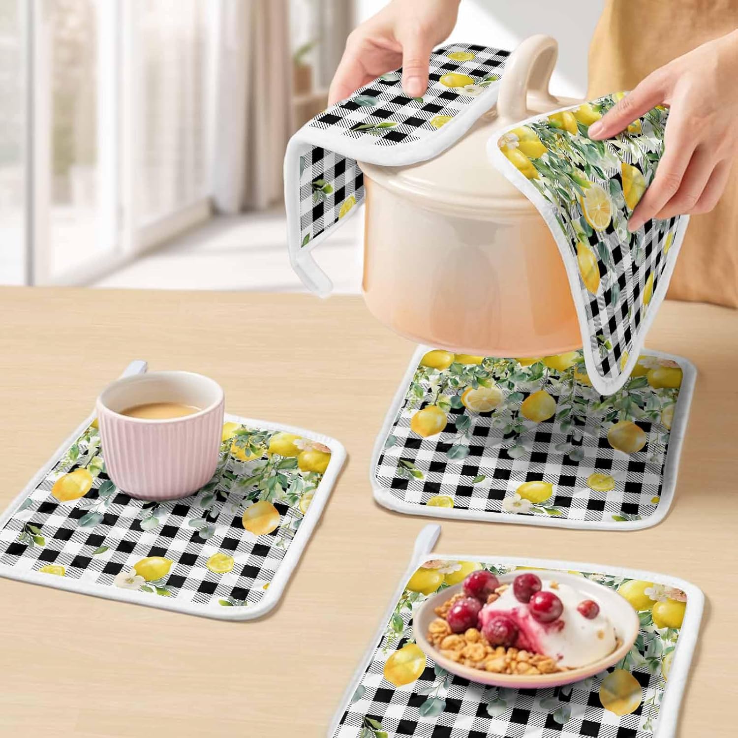 5 Pack Pot Holders for Kitchen, Lemon Check Hot Pads for Kitchen Countertops Oven Pot Holder Bulk, Black Plaid Eucalyptus Farm Country Flower Heat Insulation Potholders with Hanging Loops