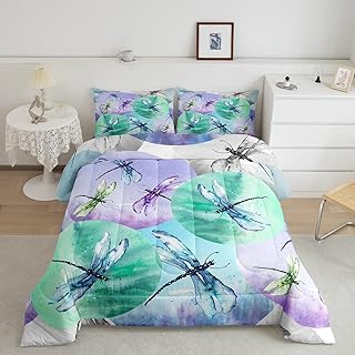 Dragonfly Comforter Set Queen Size,Wildlife Summer Rustic Farmhouse Bedding Set,Girls Boys Adults Room Decor,Geometric Circles Patchwork Fashion Down Comforter,Colorful Duvet Insert,2 Pillowcases
