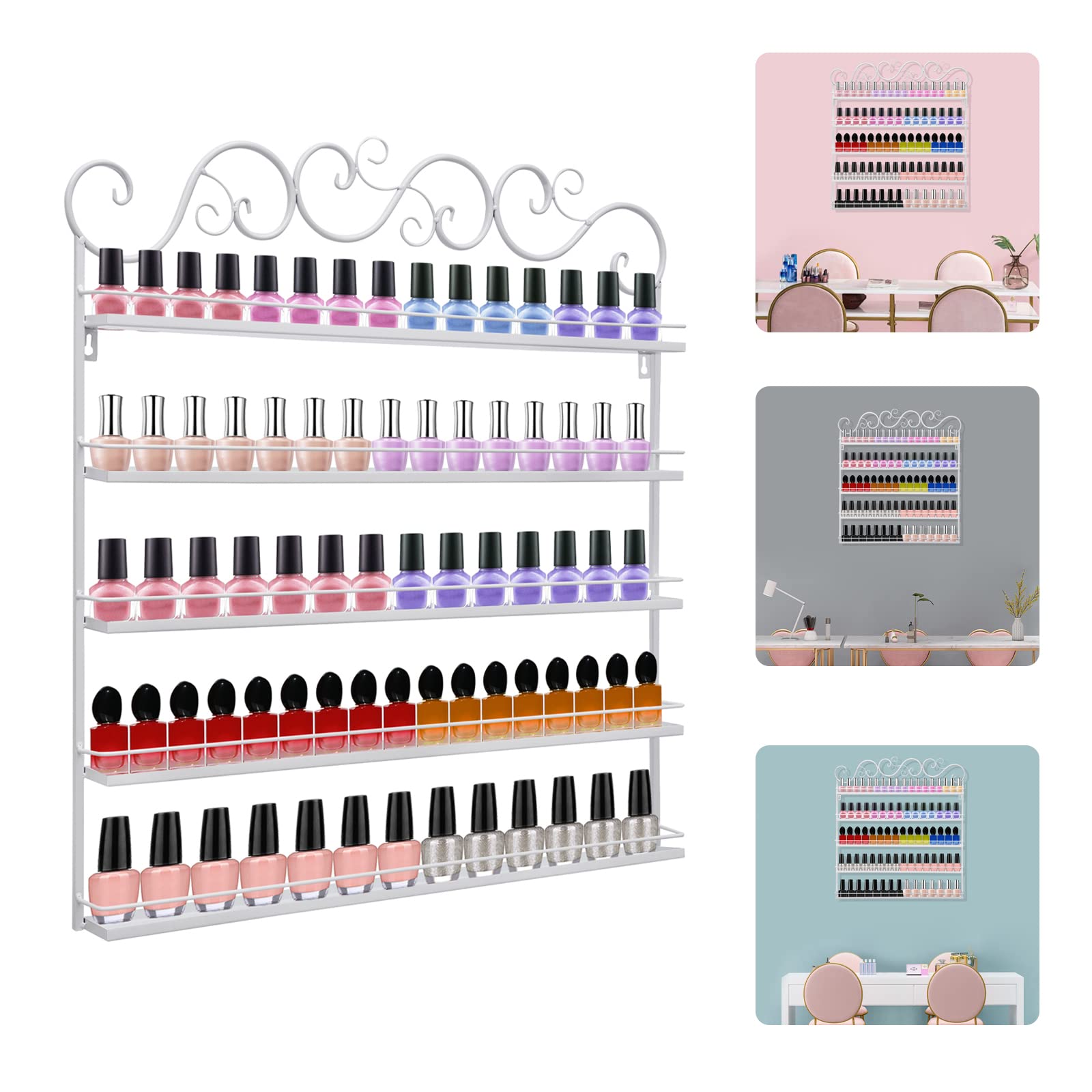 Soporte para esmalte de uñas de 5 niveles, soporte para esmalte de uñas, organizador de pared de metal para esmalte de uñas (blanco)