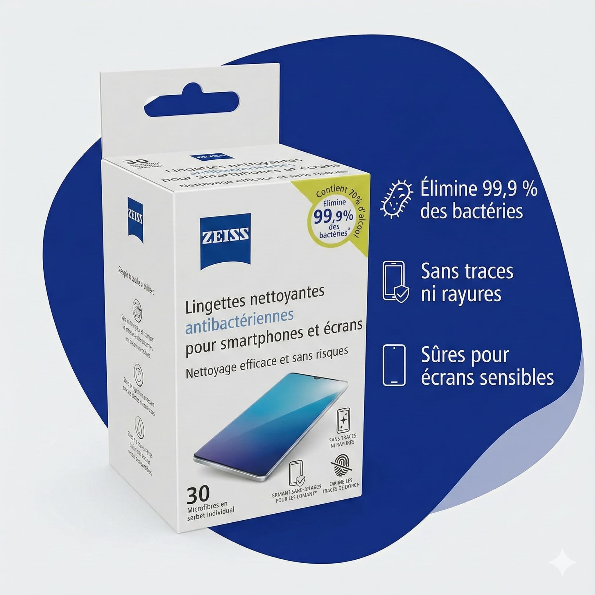 Zeiss - Lingettes Nettoyantes Antibactériennes pour Smartphones et Écrans - Boîte de 30 - Éliminent 99,9% des Bactéries - Microfibres sans Rayures - Sachets Individuels - Compatibles Tous Écrans