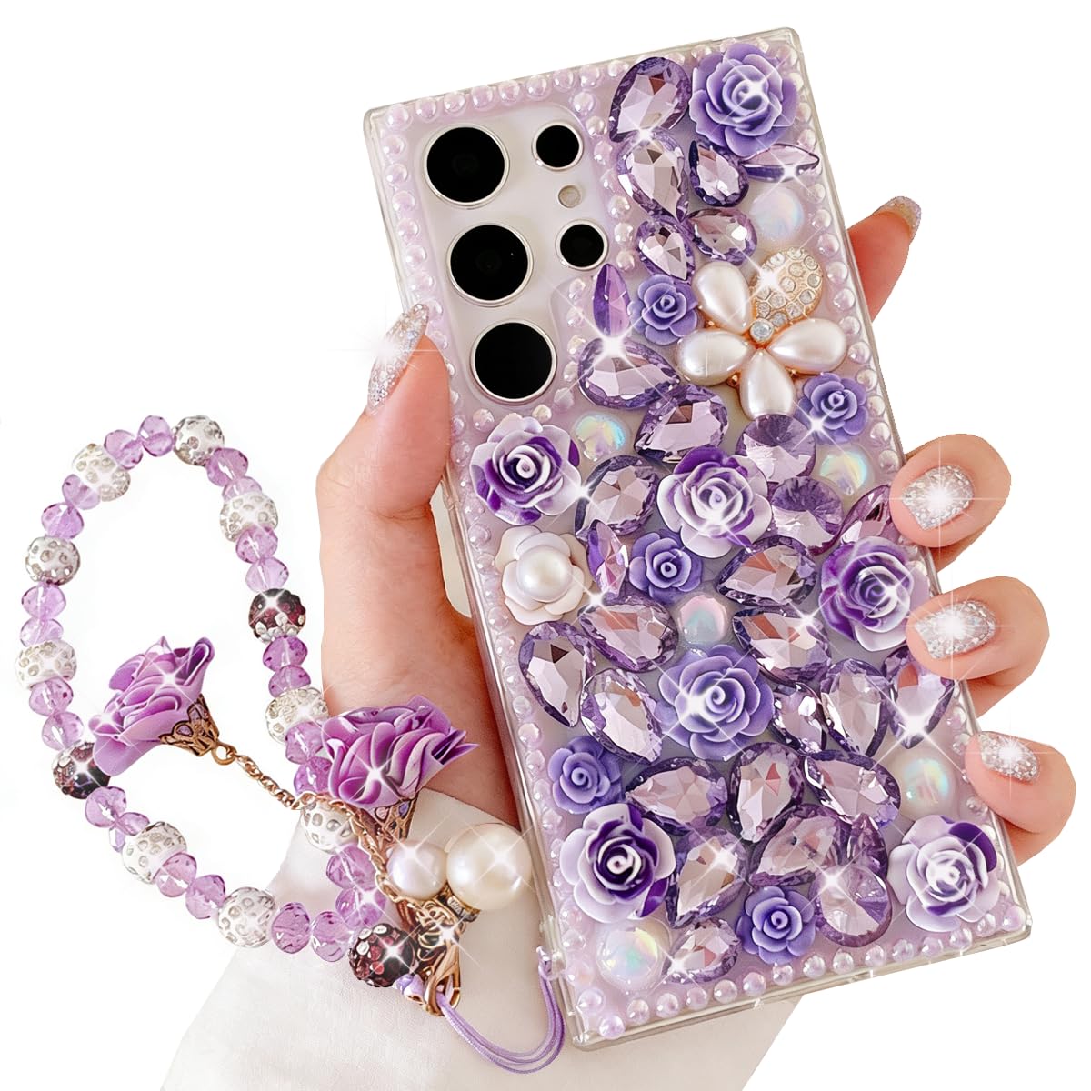 AuroiCCY for Samsung Galaxy S25 Ultra Case,Cute Bling Glitter Sparkle Stunning Stones Diamond Rhinestone 3D Handmade Pearl Rose Flower with Wrist