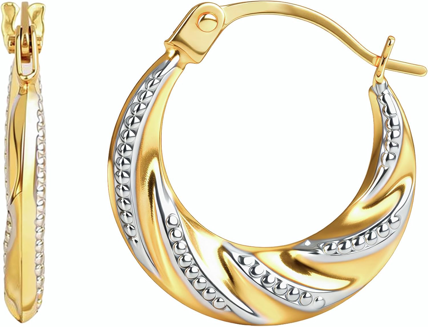 14k Two-Tone Hoops in White & Yellow Gold | Hypoallergenic Solid Gold Hoop Earrings for Women | Anti-Tarnishing Real Gold Hoops with Secure Clasps by MAX + STONE