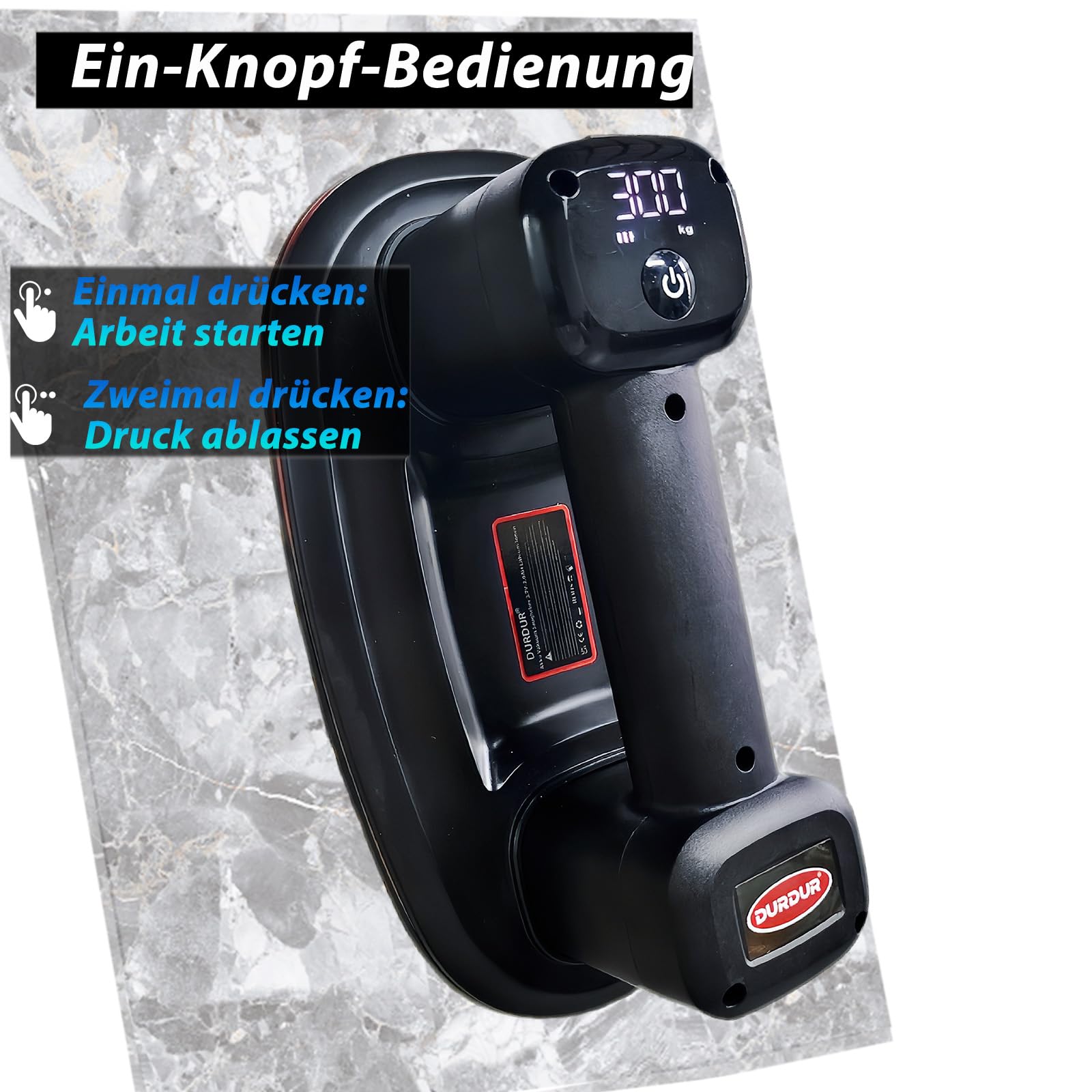 DURDUR Akku Saugheber für Fliesen,26 cm Akku Vakuum Saugheber für Fliesen, Glas, Marmor,300 KG Saugkraft Akku Vakuum Saugheber Fliesenheber Glassauger[2 Motoren 2 * 2000 mAh Akku]