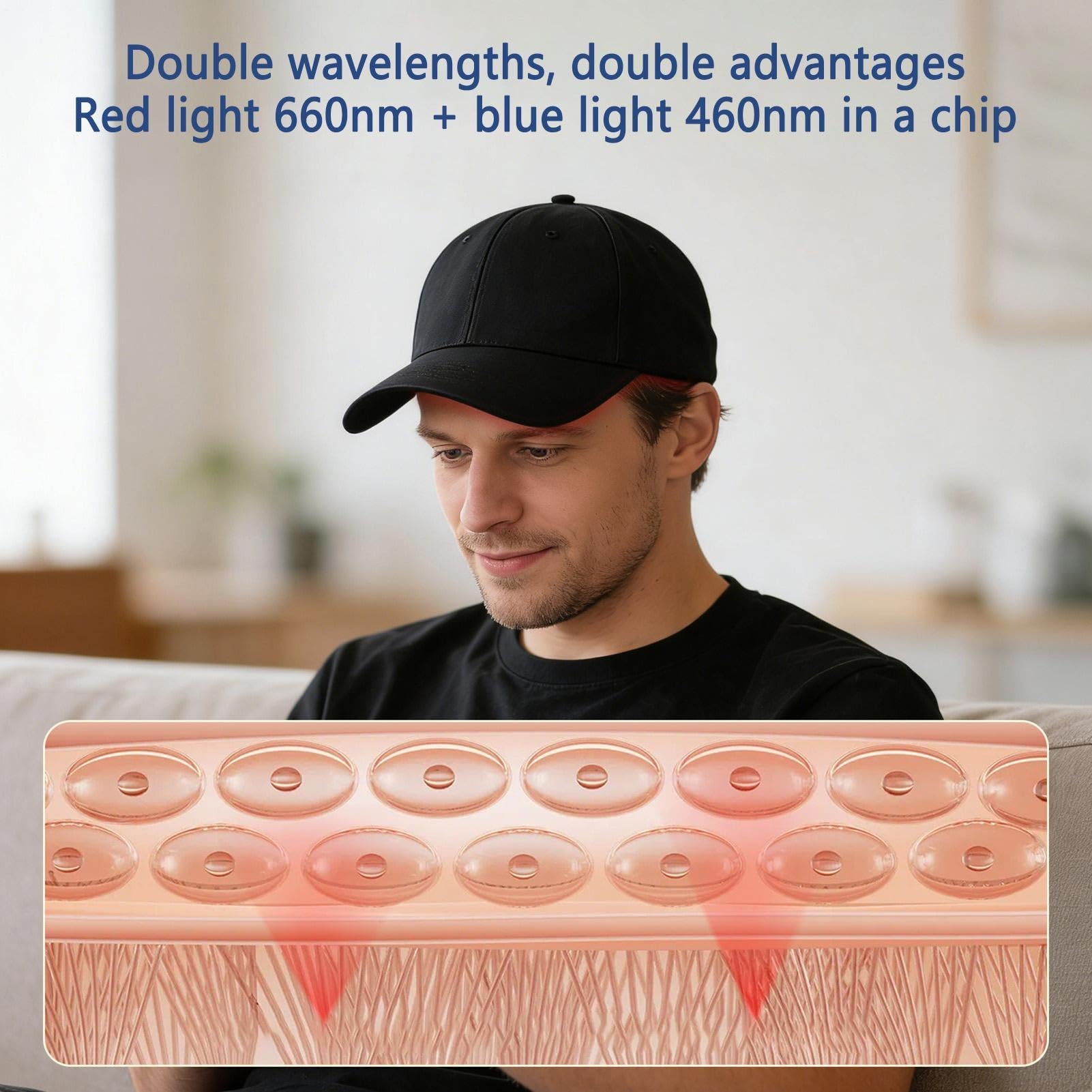Haarwachstumshut - Schwarz/Rot, 450nm/660nm LED Pflege Beruhigende Verdickung Hut, Rotlichtkappe für Zuhause, Verstellbare Träger, 80 Medizinische LEDs, 10 Minuten Timer | Reisen, Kopfhaut, Täglicher