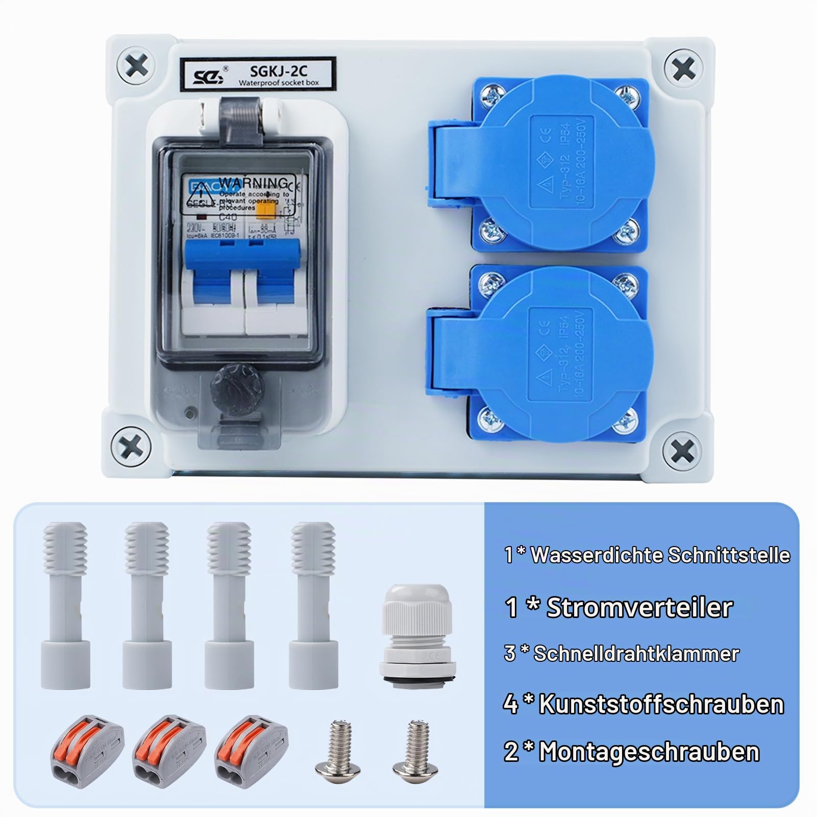 Wandverteiler 16A 250V Baustromverteiler 2-Polig Stromverteiler IP54 Wasserdicht Baustromverteiler mit 32A 1P+N FI Schalter Starkstrom Verteiler mit 2 Schuko-Steckdosen