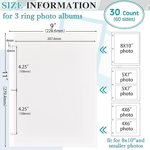 Miniatura 9 de Chuangdi 120 páginas para álbumes de fotos, autoadhesivas, de doble cara, 3 agujeros, para montaje de fotos, fundas de fotos para 3 anillas, 9 x 11