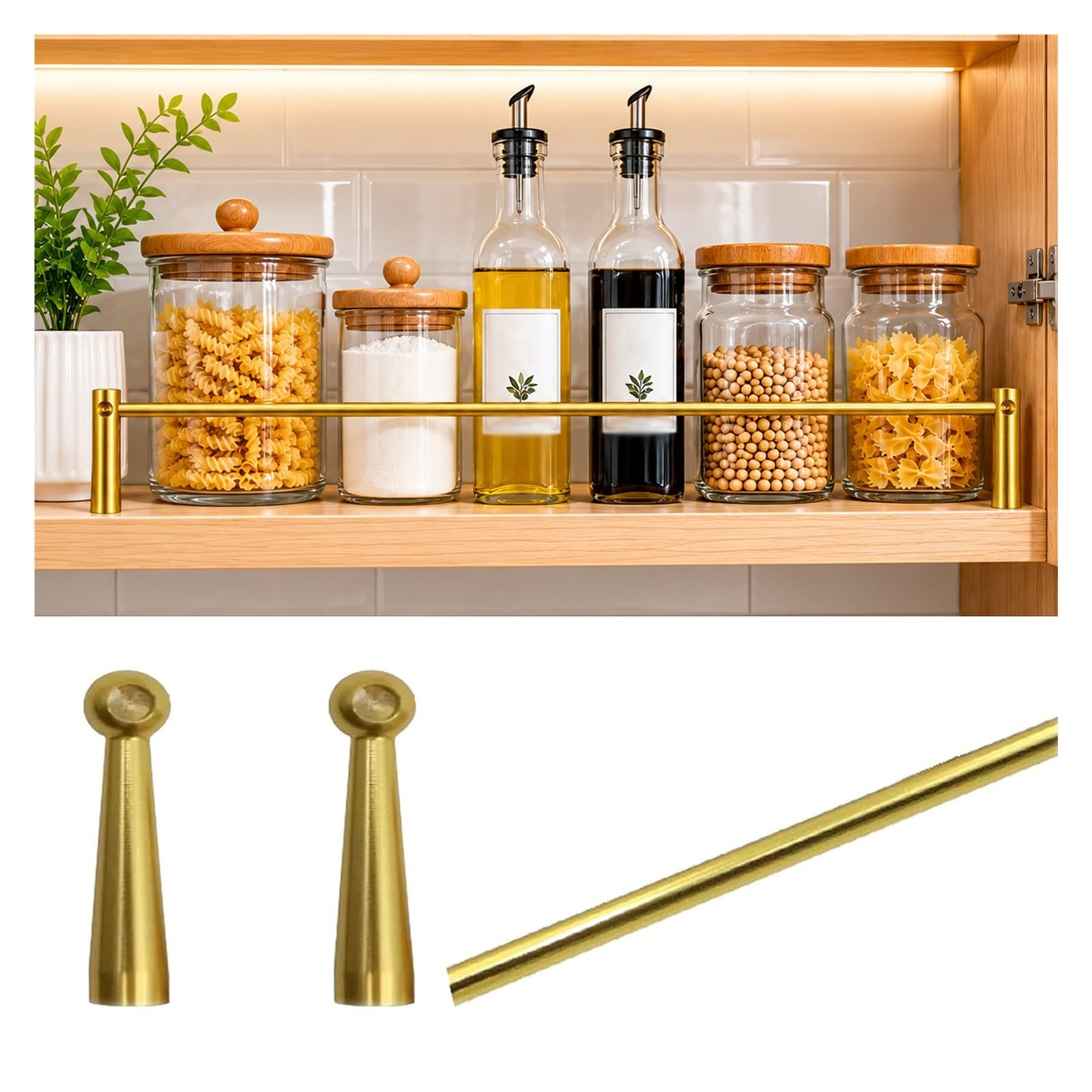 MZZKFC Shelf Rail for Kitchen Cabinet 9-35in，Customizable Dish Shelf Guard Rail Waterproof & Rust-Resistant, Aluminum Alloy Shelfs Retainer Bar for Pantry(Gold B,15in/381mm)