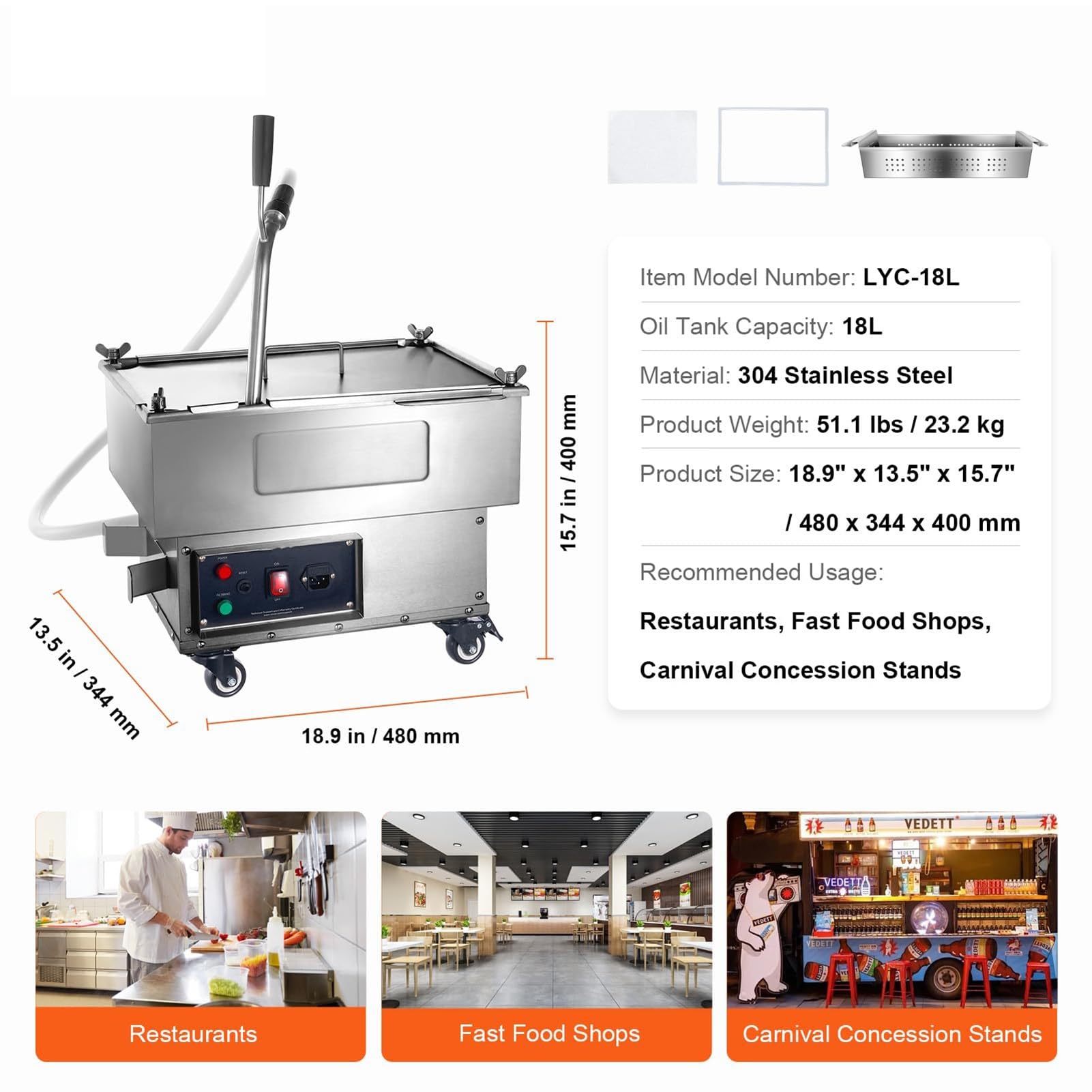 Máquina con sistema de filtrado de aceite for freír de 250 W, filtro for freidora de 18 L/5,8 galones, filtro de aceite for freidora de 10 L/min, bomba y manguera for filtro de aceite de cocina