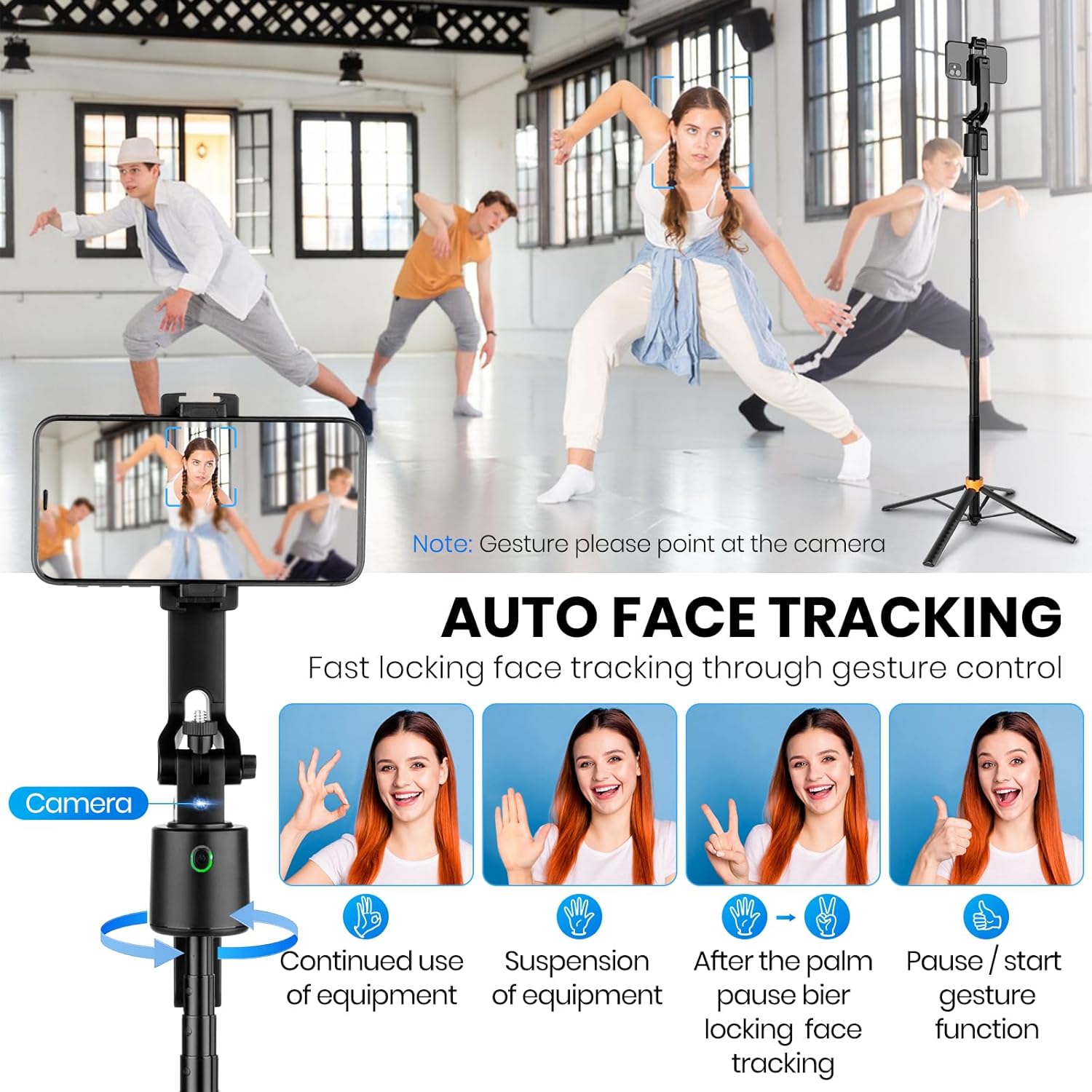 Auto Face Tracking Tripod 360°Rotation Rechargeable Phone Tripod Stand 70" Extendable Smart Shooting Phone Stand with Remote and Gesture Control, No App, for iPhone Vlog Live Video Recording.