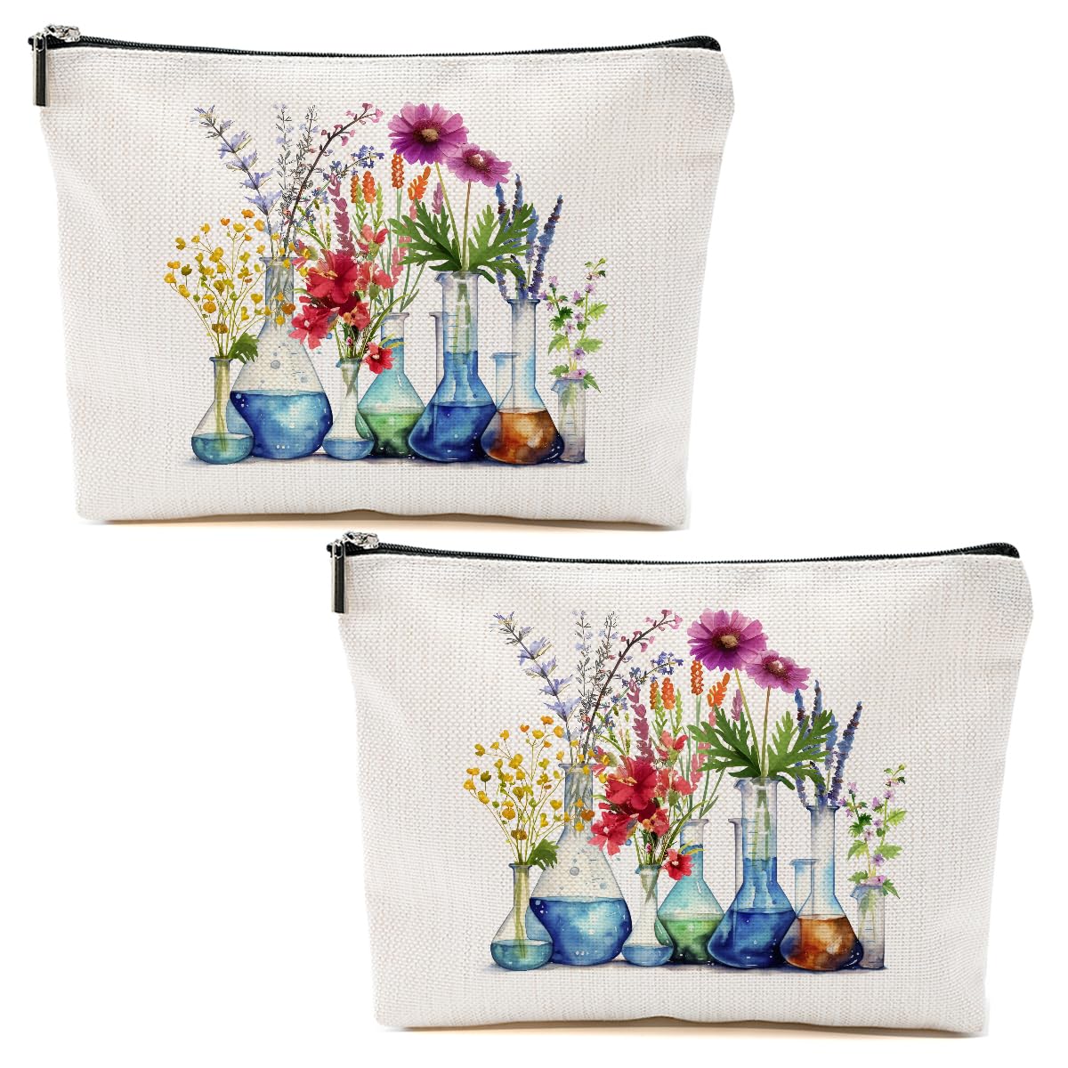 2pcs Science Teacher Gifts Floral Cosmetic Bags for Women, Chemistry Floral Makeup Bag Laboratory Gifts for Women Teacher Friend Sister Mom Christmas