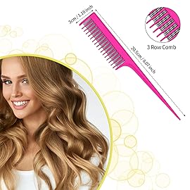 Patelai 3-Piece Styling Comb Set: Fluffy Brush, Rat Tail Comb, and Triple Back Combing Comb for Women (Rose Red)