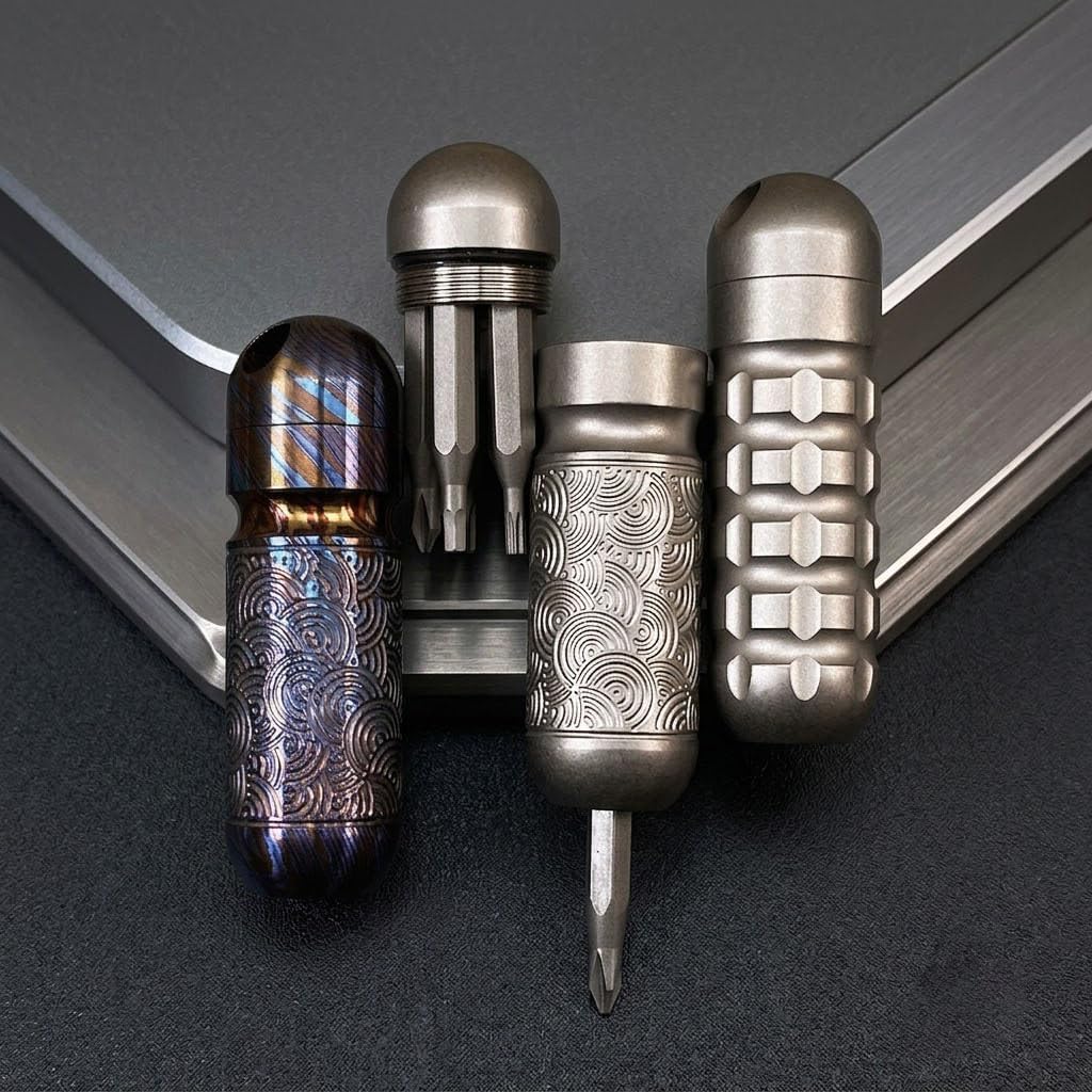 Titanium Waterproof Capsule EDC Tool with Screwdriver Bits, Mini Pocket Tool Kit with 5 Bits, CNC Titanium Alloy Storage Container, Compact Tool for Camping Repair (Wave Pattern Titanium)