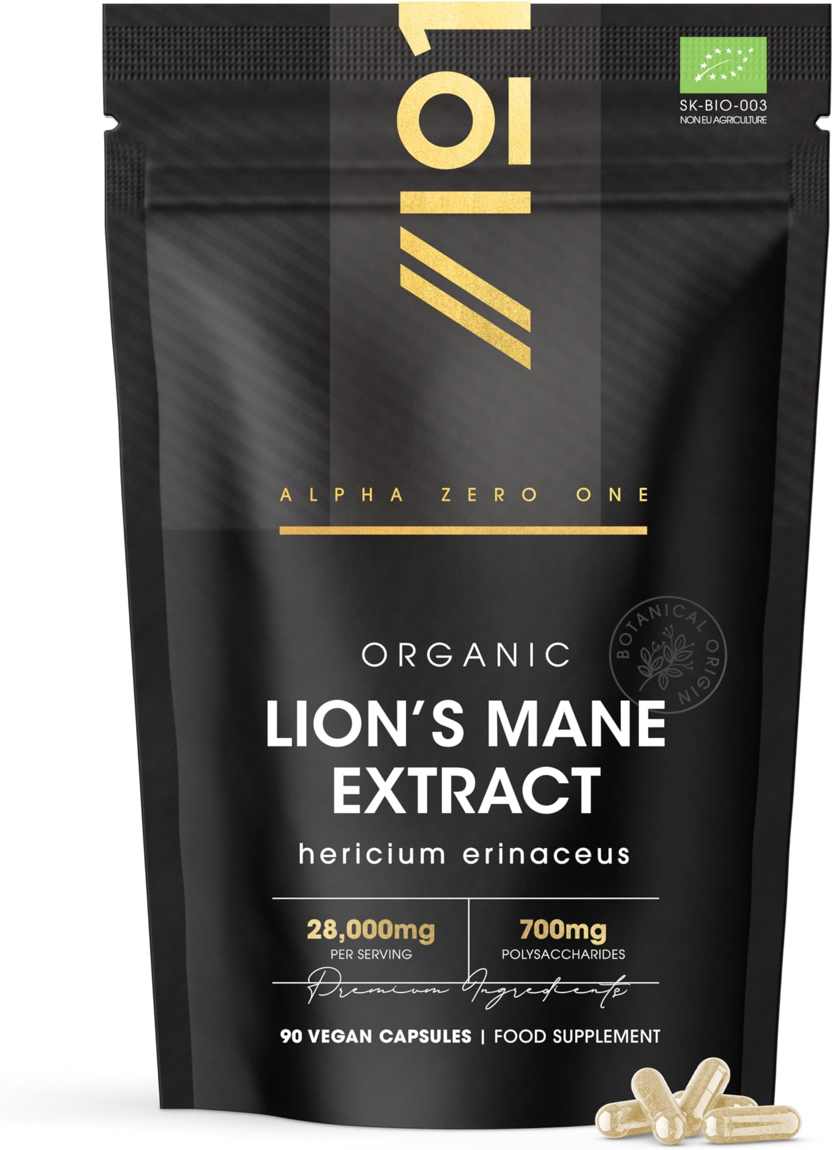 Organic Lions Mane Supplement 28,000mg – 50% Polysaccharides (700mg) – 90 Vegan Capsules – High Strength Mushroom Supplement – Resealable and Recyclable Pouch – By Alpha01
