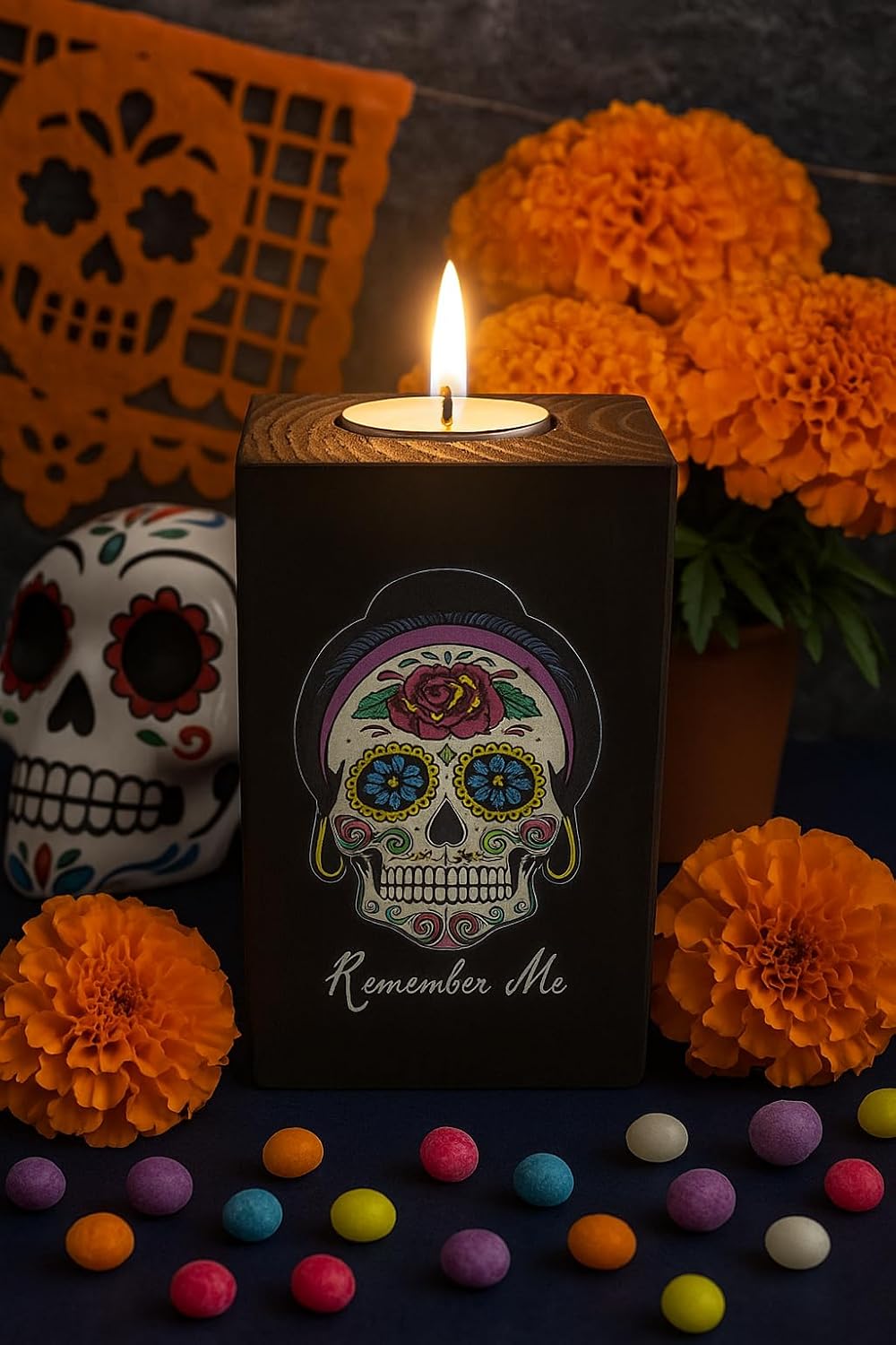 Remember Me Celebration Candle Holder for Day of The Dead - Dia De Los Muertos - Printed in Full Color 6 Inches Tall (Pink Rose)