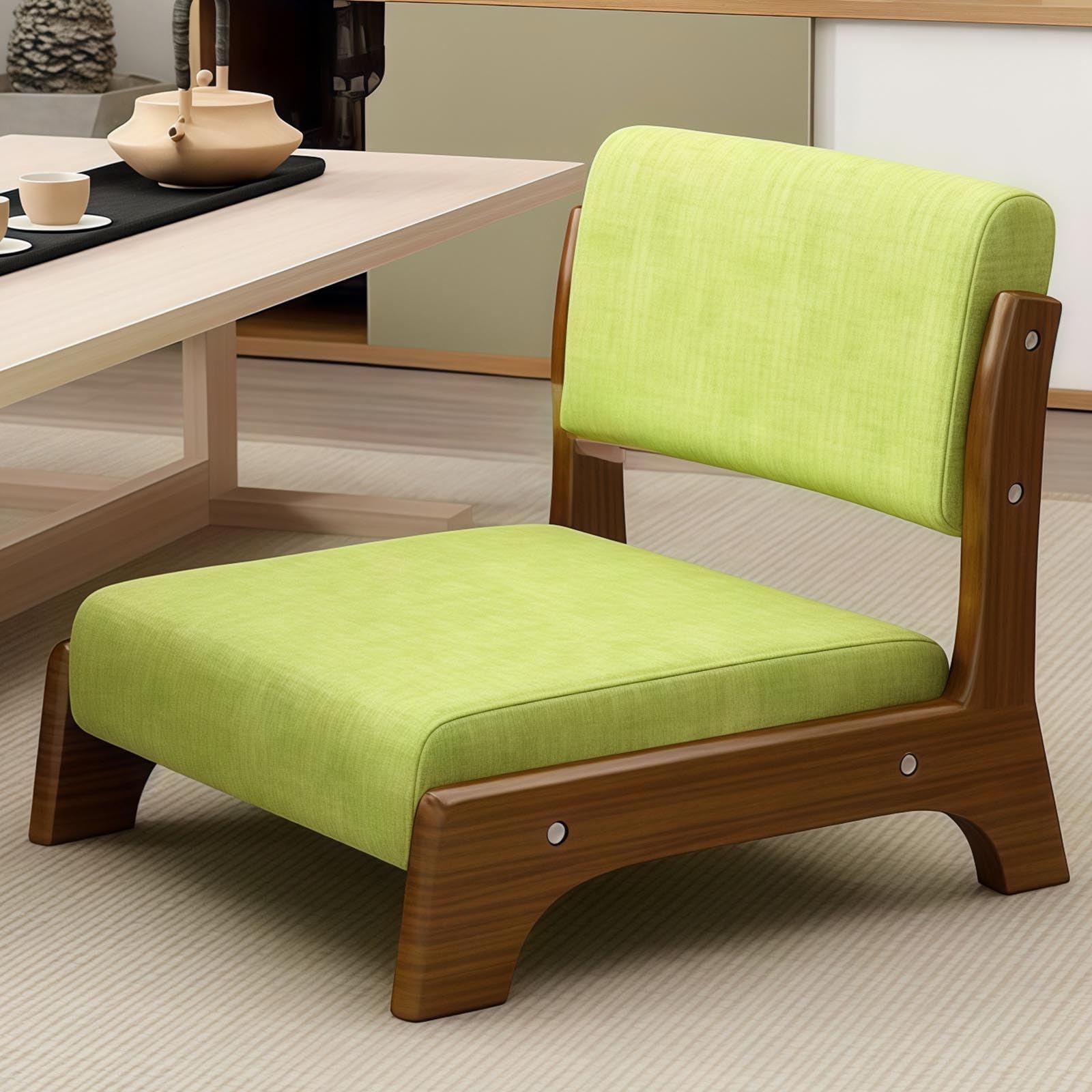 Silla de suelo con soporte para el respaldo, asiento de meditación portátil de madera sin brazos, cojín suave para sala de estar, dormitorio y lectura
