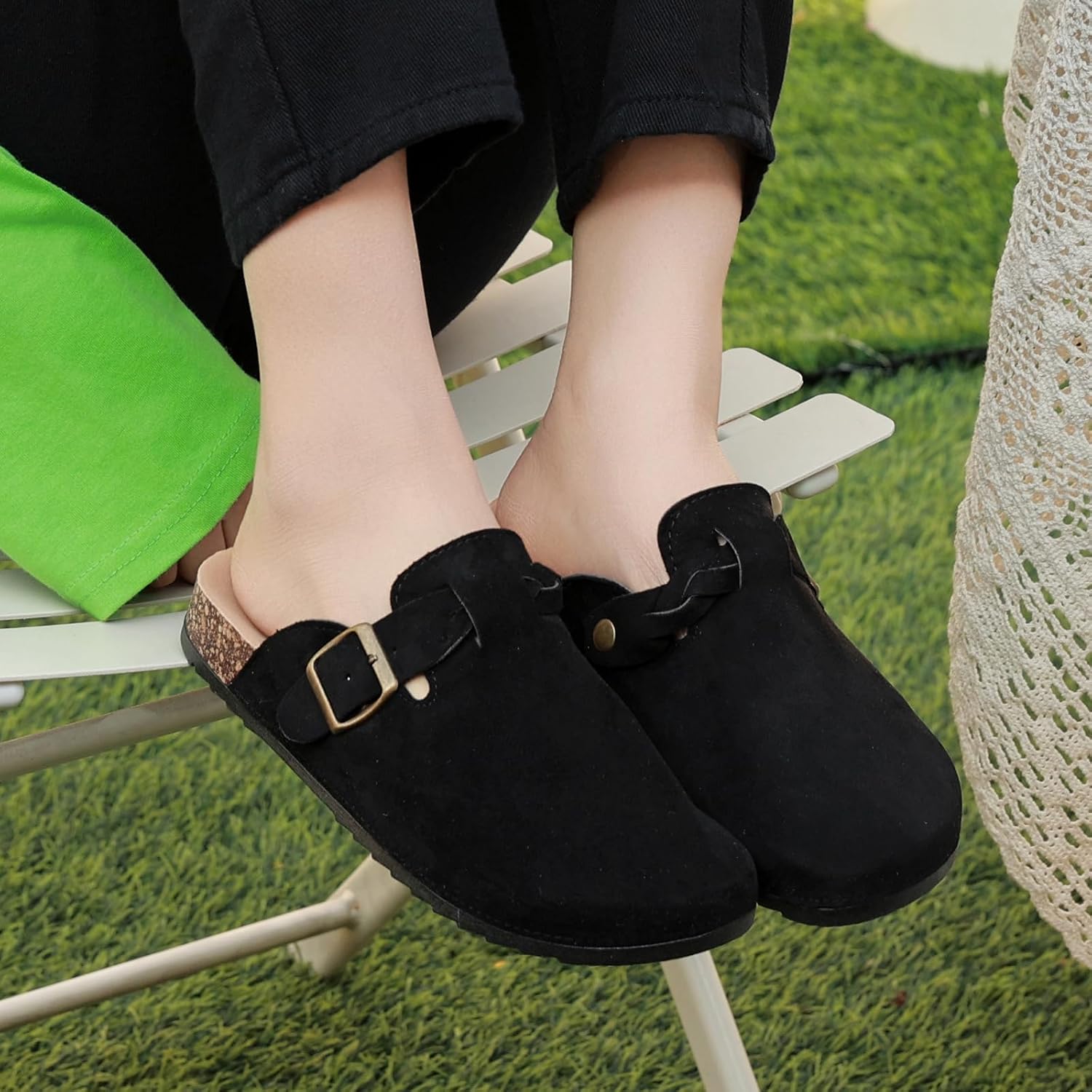 Suede Clogs for Men Soft Cork Footbed Women's Clogs Mules with Arch Support, Adjustable Buckle Comfort Leather Potato Shoes, Slip-On Closed Toe Slippers