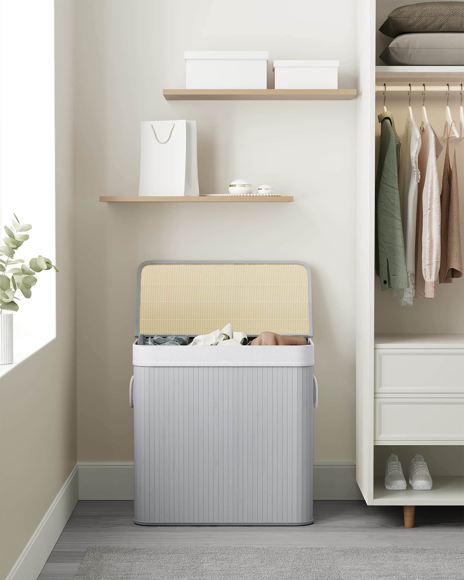SONGMICS Laundry Hamper, 39.6 Gallons (150L), 3-Section Laundry Basket, Laundry Hamper with Lid, Bamboo, Foldable, Removable and Machine Washable Liner, for Laundry Room, Bedroom, Gray ULCB091G01
