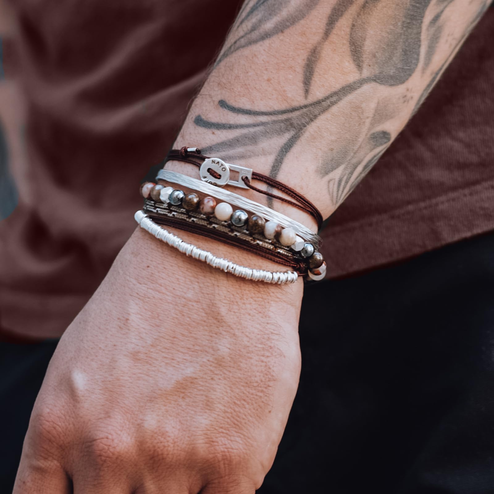 Nato Cuff - Bransoletka Wrap Toggle ze srebra próby 925 - kamienie naturalne - Paracord, biżuteria dla mężczyzn lub kobiet, ręcznie robiona we Francji, Moyenne, Srebro, Ametyst