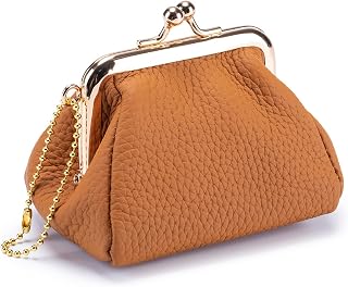Genuine Leather Lipstick Pouch for Women, Brown | Mini Lipstick Holder, Vintage Kiss Lock, Cute Change Pouch for purse, Small things organizer for purse