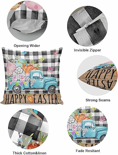 Miniatura 5 de MAIANNE Pack of 2 Cotton Throw Pillow Covers, Blue Truck Black Plaid Easter Bunny Tail Carrot Soft Square Pillow Covers Home Decoration Pillowcases