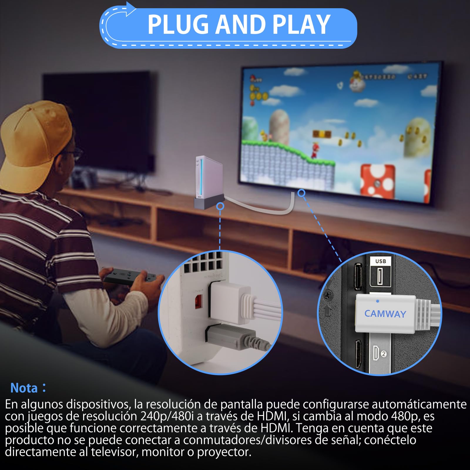 CAMWAY Adaptador Wii HDMI 1080P/720P, Convertidor de Wii a HDMI con Cable HDMI de 150CM Integrado, Compatible con Nintendo Wii/HDTV/Monitor NTSC, PAL, Plug and Play