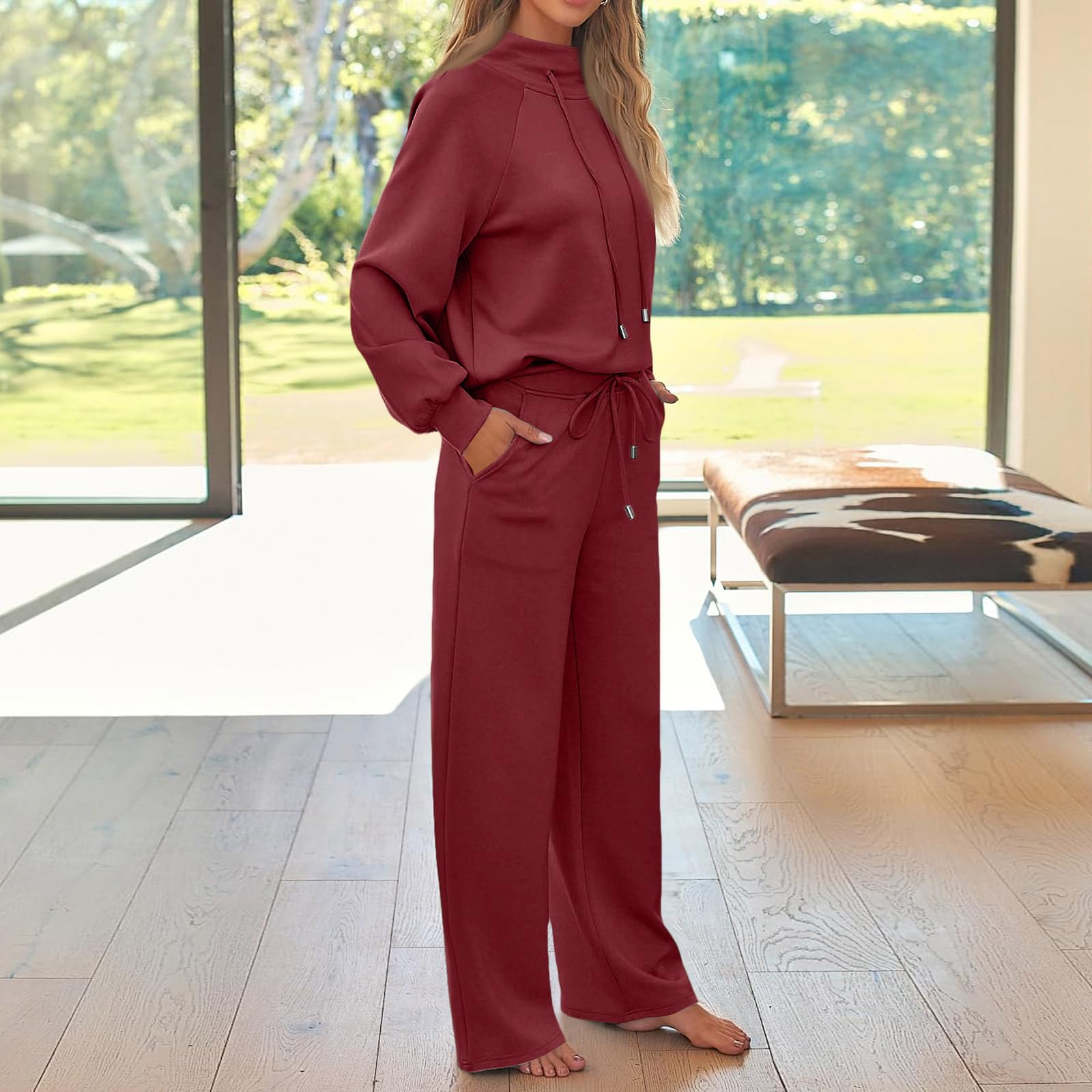 Due Pezzi Donna Sportivo Vita ​Alt Vacanza Top E Pantaloni Manica Lunga Stile di Strada Stirata Tinta Unita