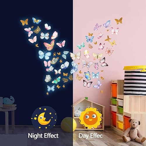 Miniatura 4 de Calcomanías de pared que brillan en la oscuridad - Adhesivos de mariposas luminosas, calcomanías autoadhesivas removibles coloridas para dormitorio