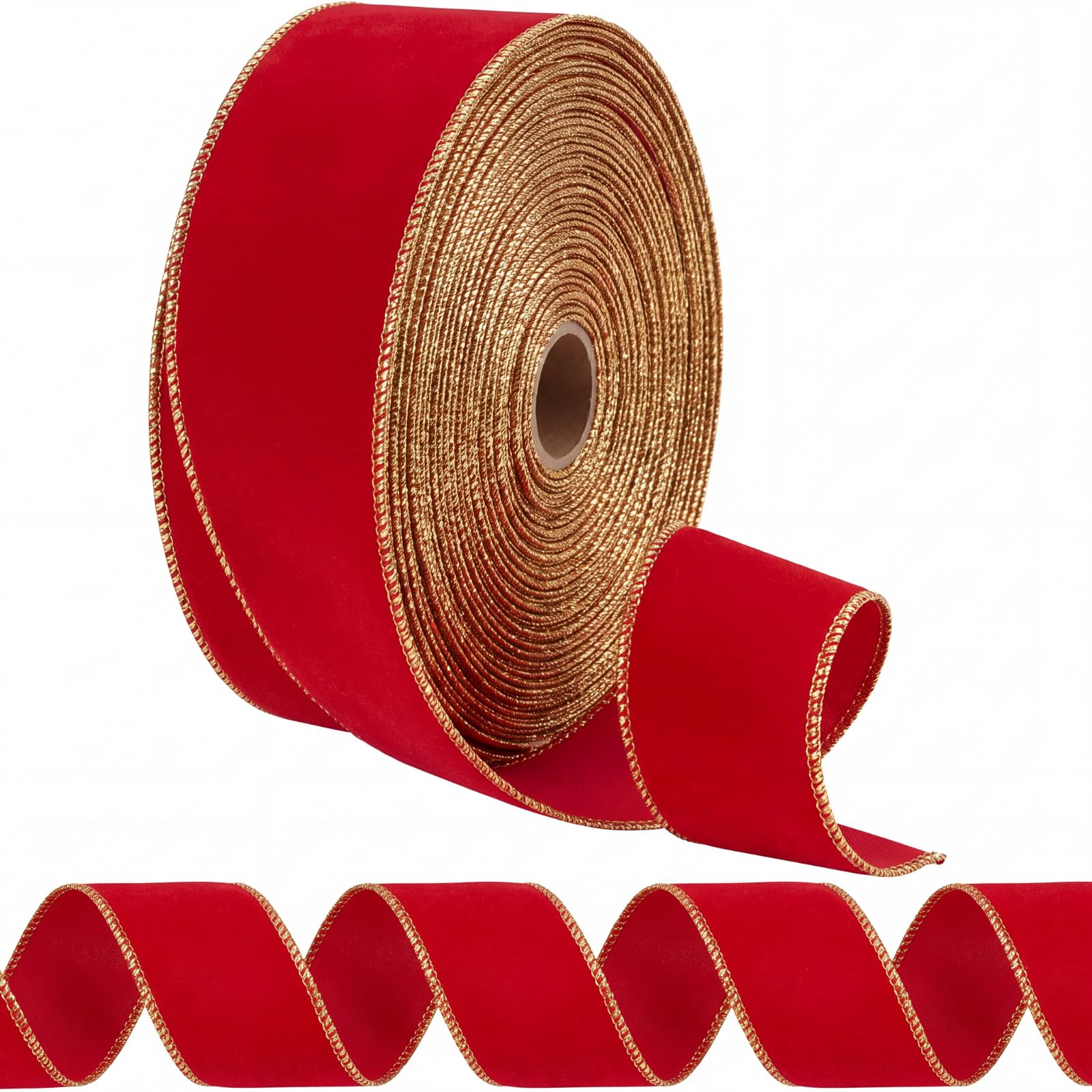 Syhood Velvet Ribbon 2.5 Inch X 60 Yard Red Wired Gold Edge