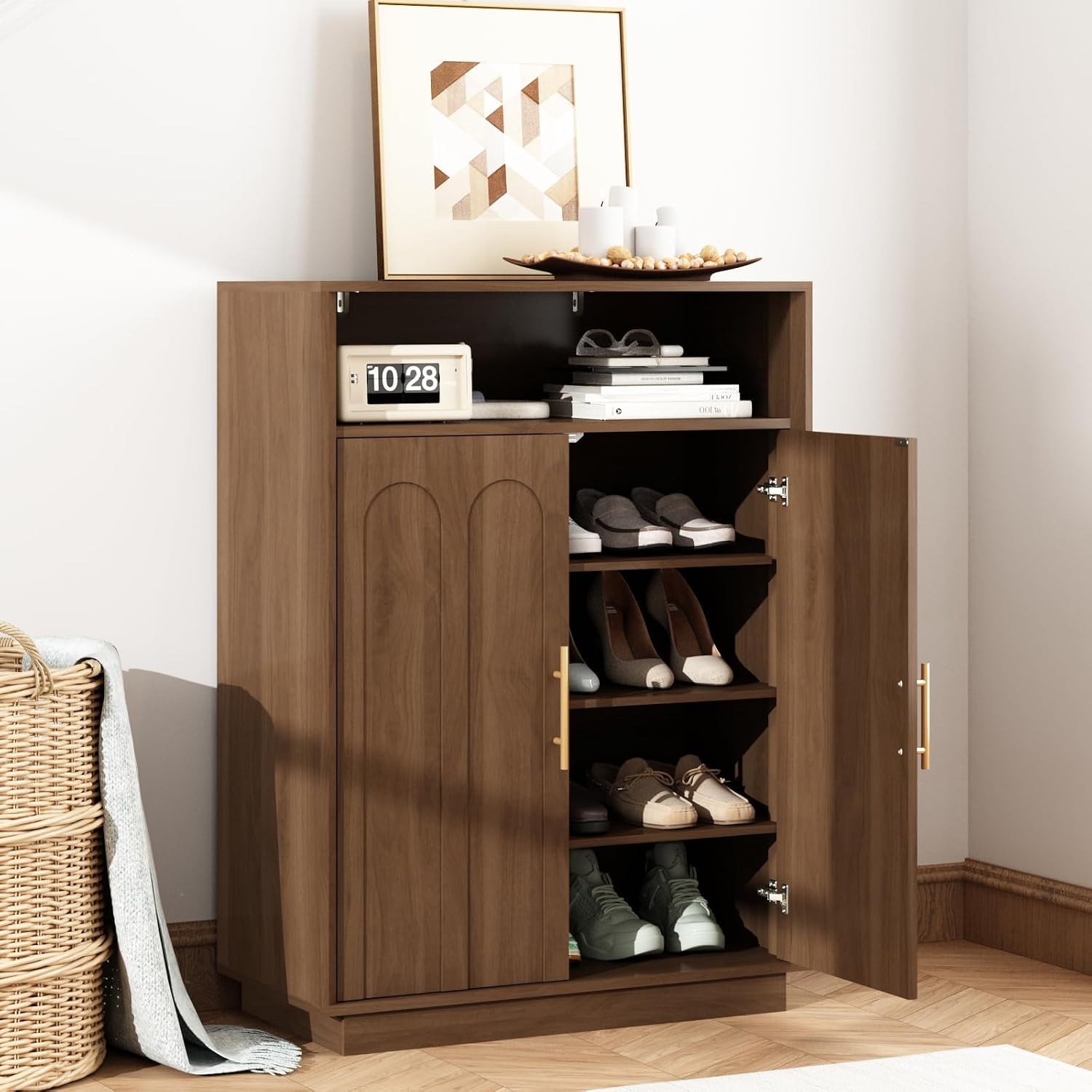 Shoe Cabinet with Arched Doors, 43" Tall Large Hidden Shoe Storage Cabinet with Adjustable Shelves, 5-Tier Mid Century Modern Shoe Rack Organizer for Entryway Hallway Living Room, Walnut