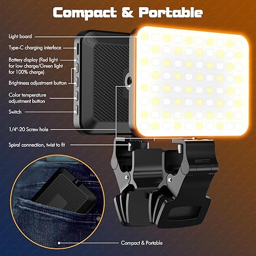 Miniatura 5 de UBeesize Luz para selfie para teléfono, 80 luces LED de relleno de video con clip para iPhone, laptop, 3 modos de luz, 10 niveles de brillo, luz de