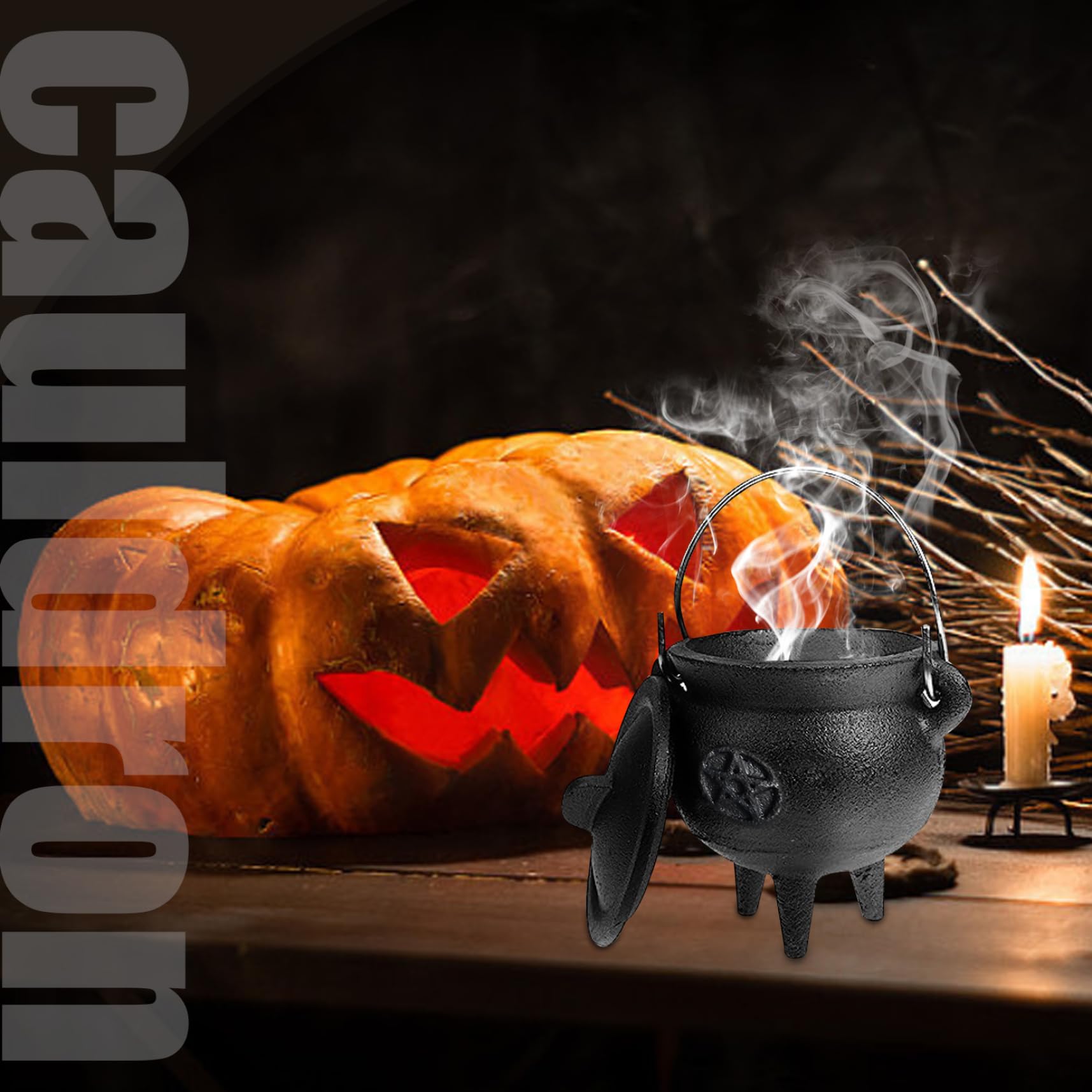Caldero de hierro fundido con tapa y mango Halloween 3.94x2.95x2.95 pulgón Cauldron Vela decorativa Incienso Burning Witchcraft Cauldron Pot, Estrella, Caldero de hierro fundido, Cauldron de brujas
