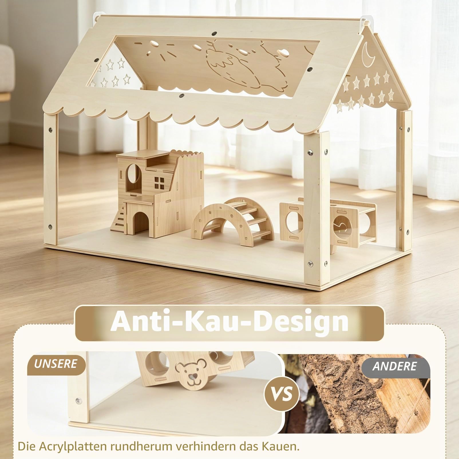 Hamsterkäfig, transparenter Hamsterlebensraum, Kleintierkäfig, 60x40x40cm | Holz Hamsterkäfig mit Versteck im Villenstil, Kleintierlebensräume Groß Stapelbar für syrische Hamster, Nager, Mäuse