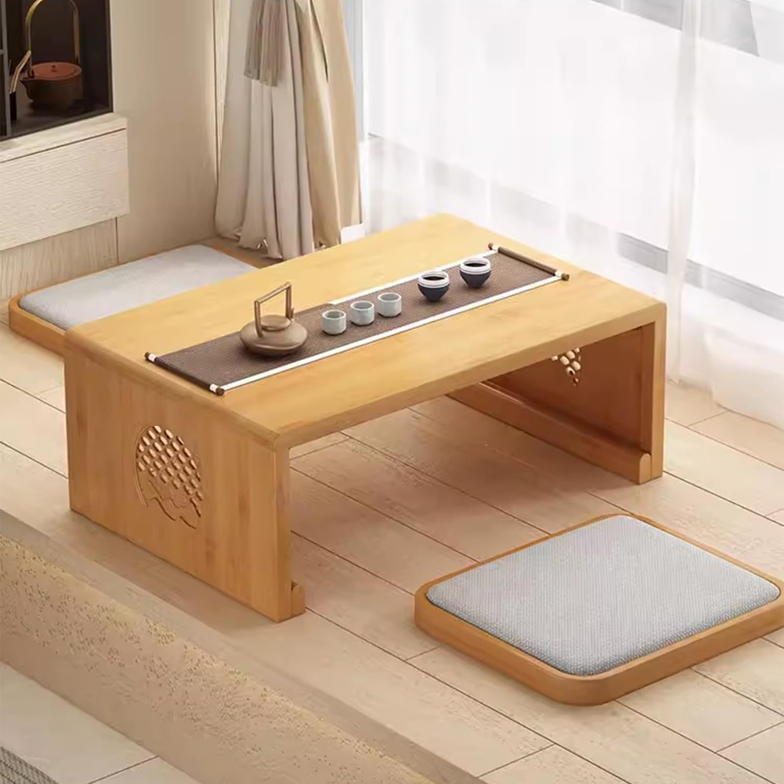 Mesa de Suelo de té Chino de bambú,Mesa de Centro Plegable Japonesa,Mesa de Altar for meditación,Mesa de Tatami Plegable portátil Baja for Sala de Estar,decoración del hogar (L, Tronco)