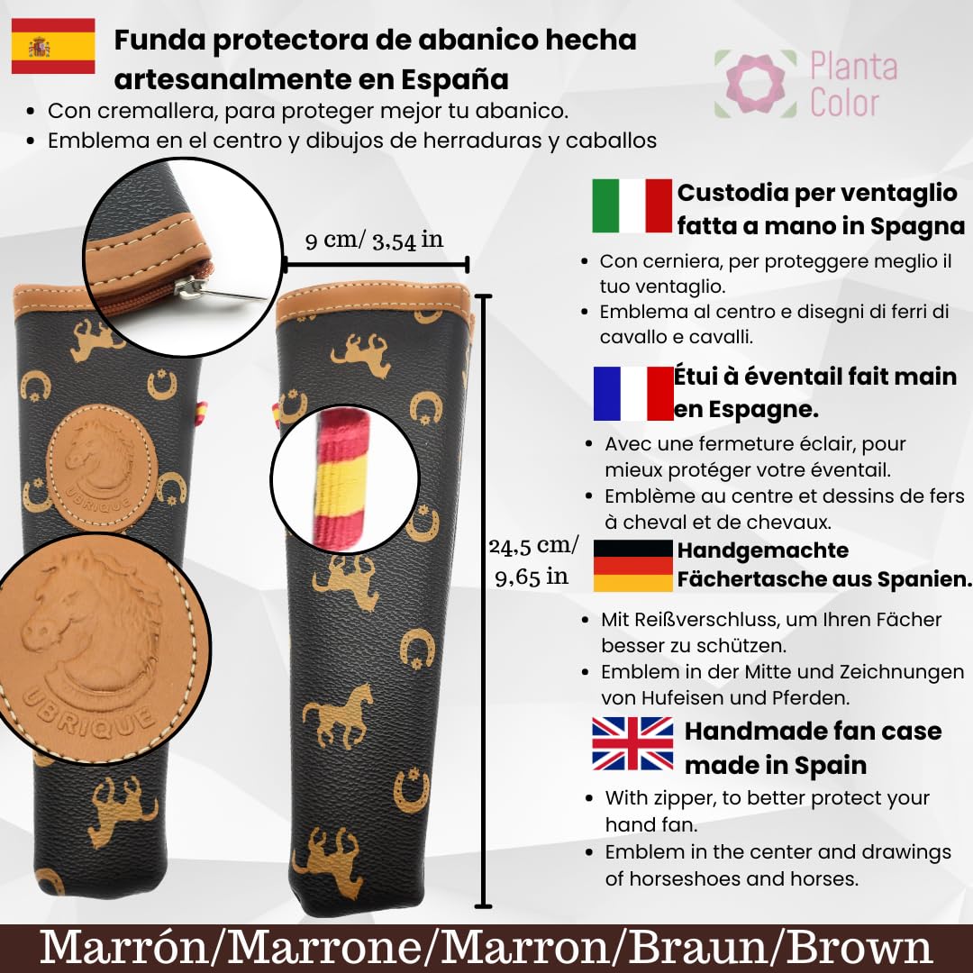 Pack de Abanico con Dibujo Baile Flamenco con Funda Artesanal Hecha en Ubrique y Pulsera de Tela – Diseño Tradicional Español Souvenir o Regalo (Blanco Marrón)
