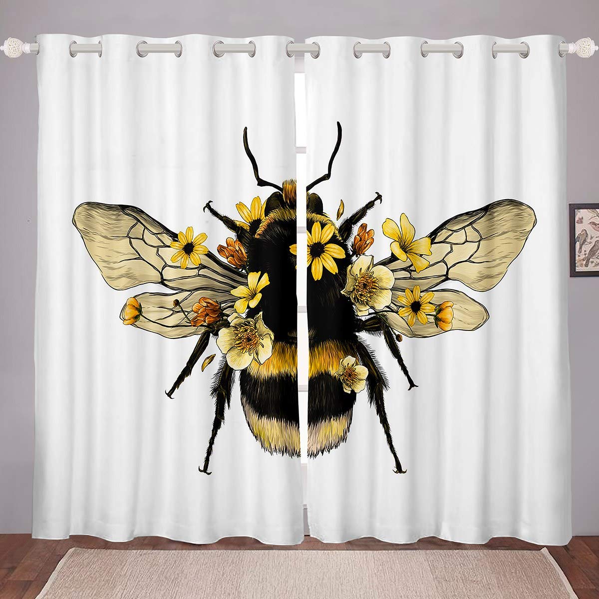 Loussiesd Boys Colour32 Cute Bee Curtain For Kids Girls Social Insects Print Blackout Curtains Blossom Flowers Window Curtains For Bedroom Bee Printed Darkening Thermal Drapes 2 Panel Set W66*L90