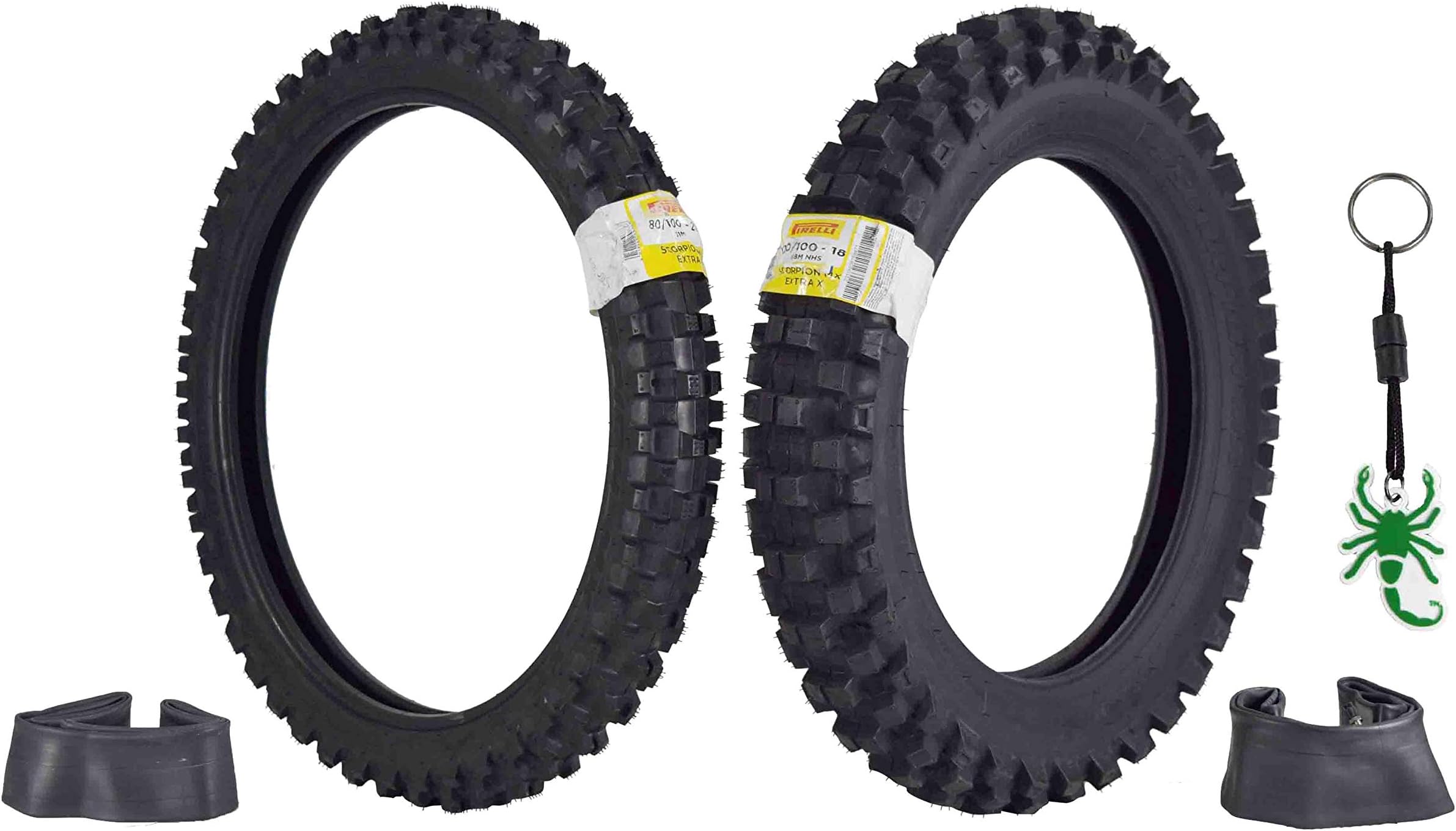 Pirelli Scorpion MX32 Extra X Dirt Bike Front and Rear Motocross Tires Set w Neck Gaiter (80/100-21 F 120/100-18 R with Tubes)