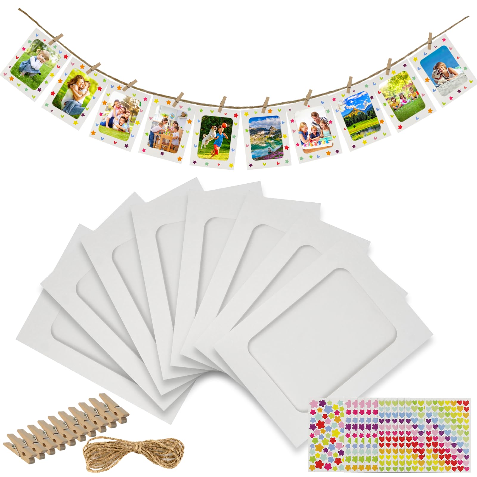 LEFIMOT 50 Pack Paper Picture Frames 4x6in, DIY Cardboard Photo Frames Hanging Display with 50 Clips and 5 Strings, Paper Photo Frame Art Display Frame with 12 Stickers for Wall Decor (White)